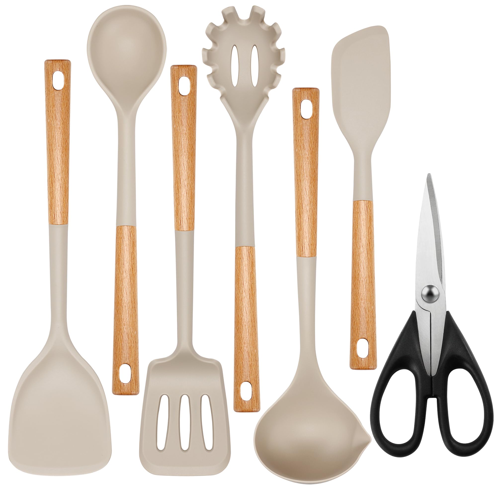 Fyvva Set di utensili da cucina grandi, 7 pezzi, in silicone resistente al calore, set di utensili da cucina in silicone per uso alimentare e manici in legno, spatola, mestolo, pasta, utensili da
