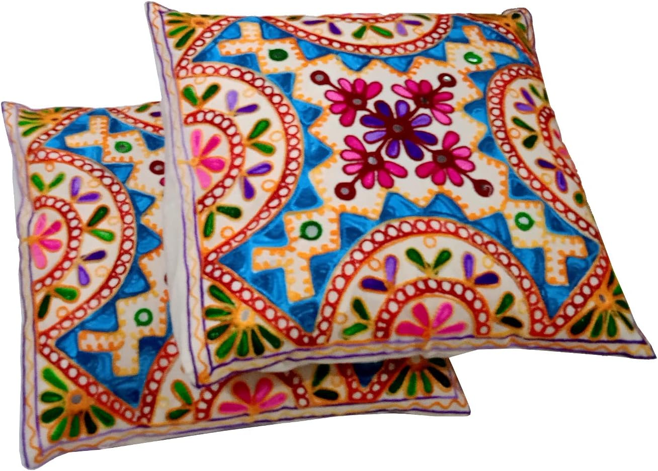 Purpledip Cotton Throw Pillow Cushion Covers 'Fireworks': Ethnic Design Embroidery, Set of 2, 16 Inches (12445H)