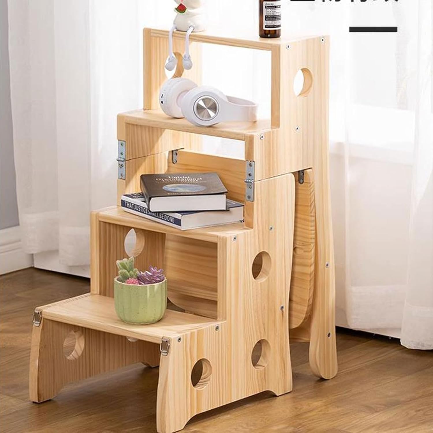 Steps 4-Step Solid Wood Folding Ladder Chair, Protable Library Ladder, Convertible Folding Chair Step Stool Display Stand for Adults Office Home Kitchen Outdoor Steps Ladder(Nature