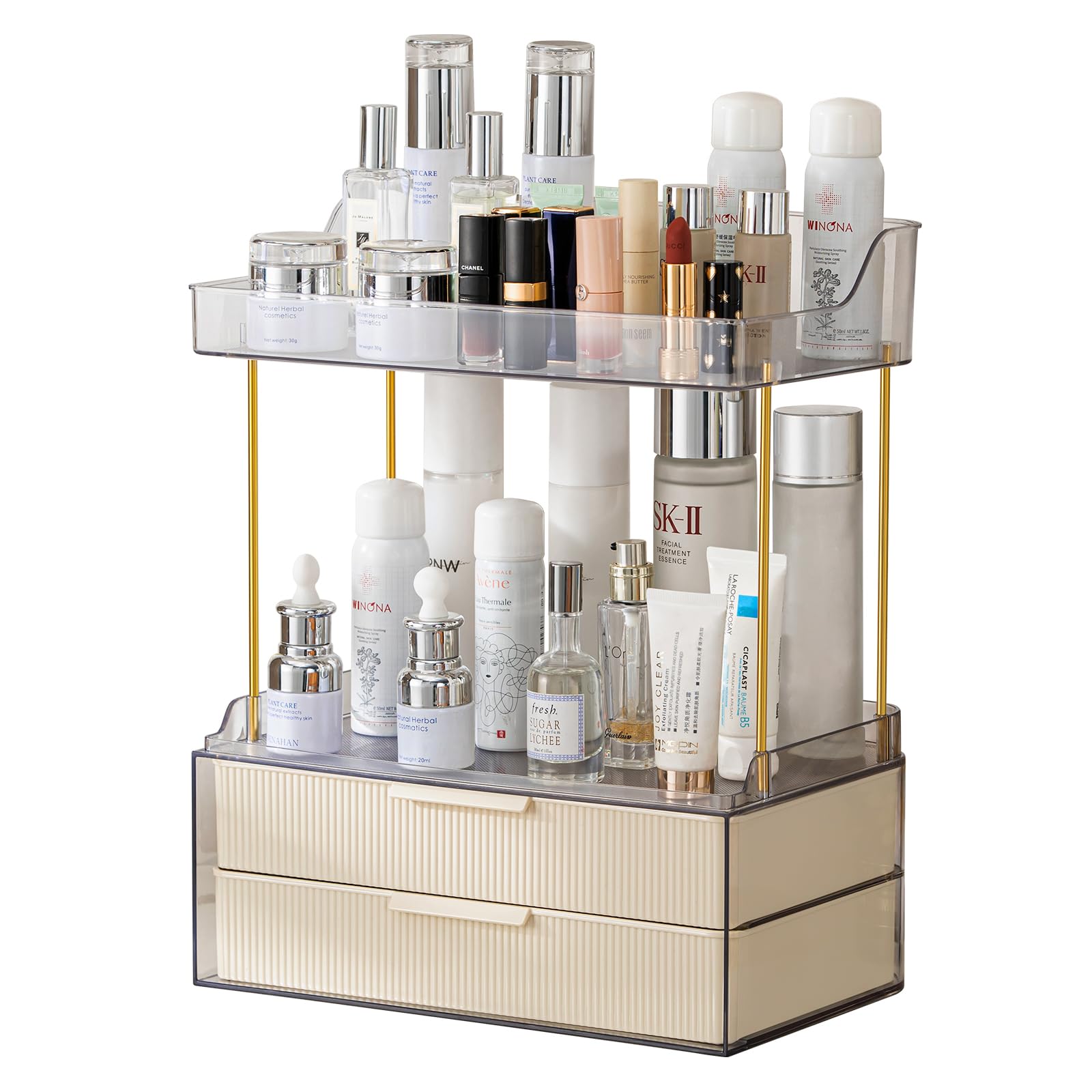 shuang qing Large Skin Care Organizer with Drawers for Vanity, Bathroom Counter Organizer, 2-Tier Skincare Storage Rack,Makeup Countertop Organizer Perfume Tray for Cosmetics(Milk White)