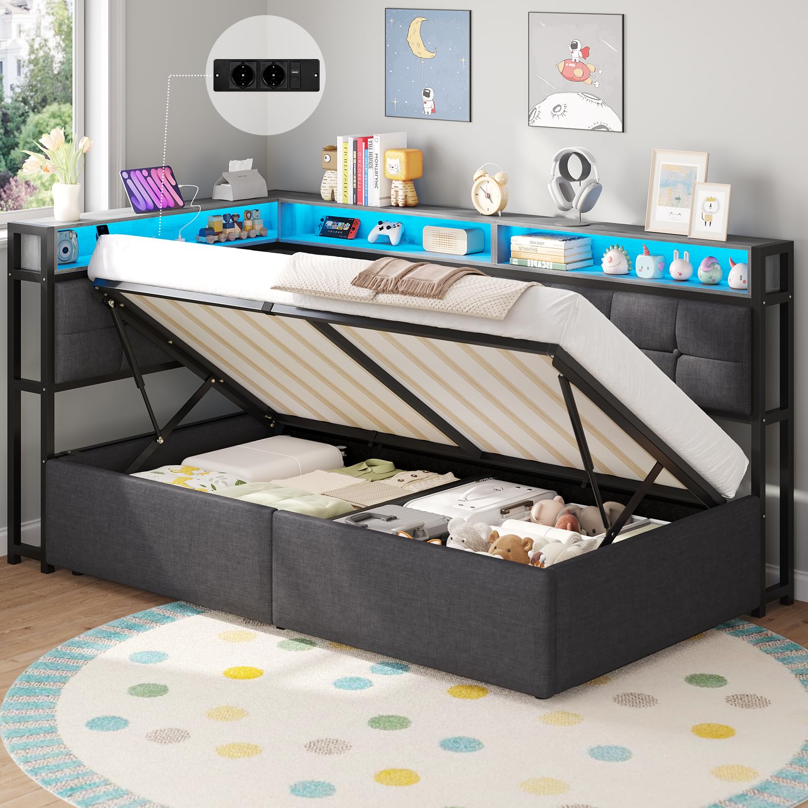 DICTAC Cama acolchada 90 x 190 cm con espacio de almacenamiento, LED y estación de carga, cama juvenil con cajón hidráulico, compartimento de almacenamiento de dos niveles, cama individual en gris