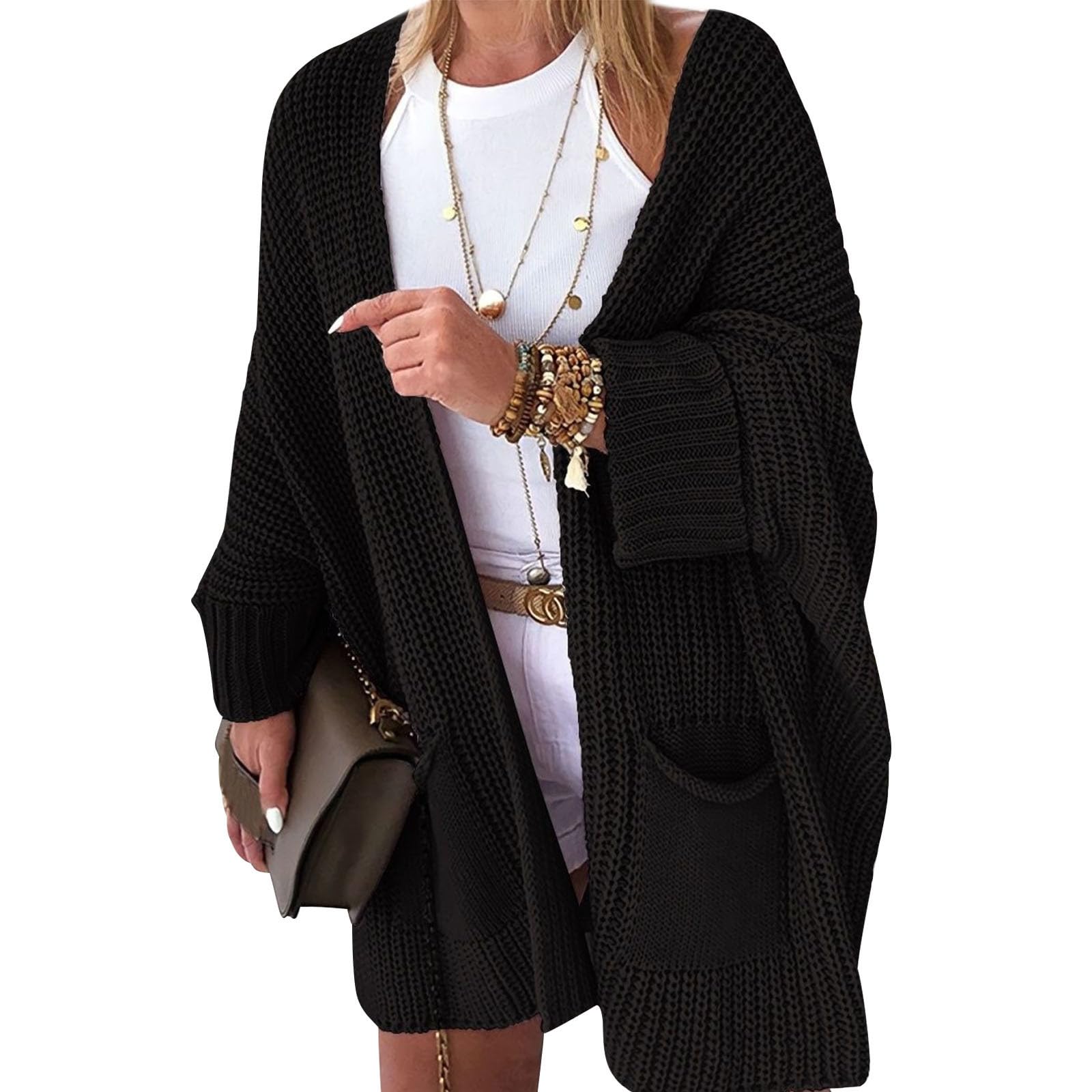 Womens Long Oversized Open Front Cardigan - Plus Size Batwing Sleeve Casual Chunky Knit Sweater for Fall Winter