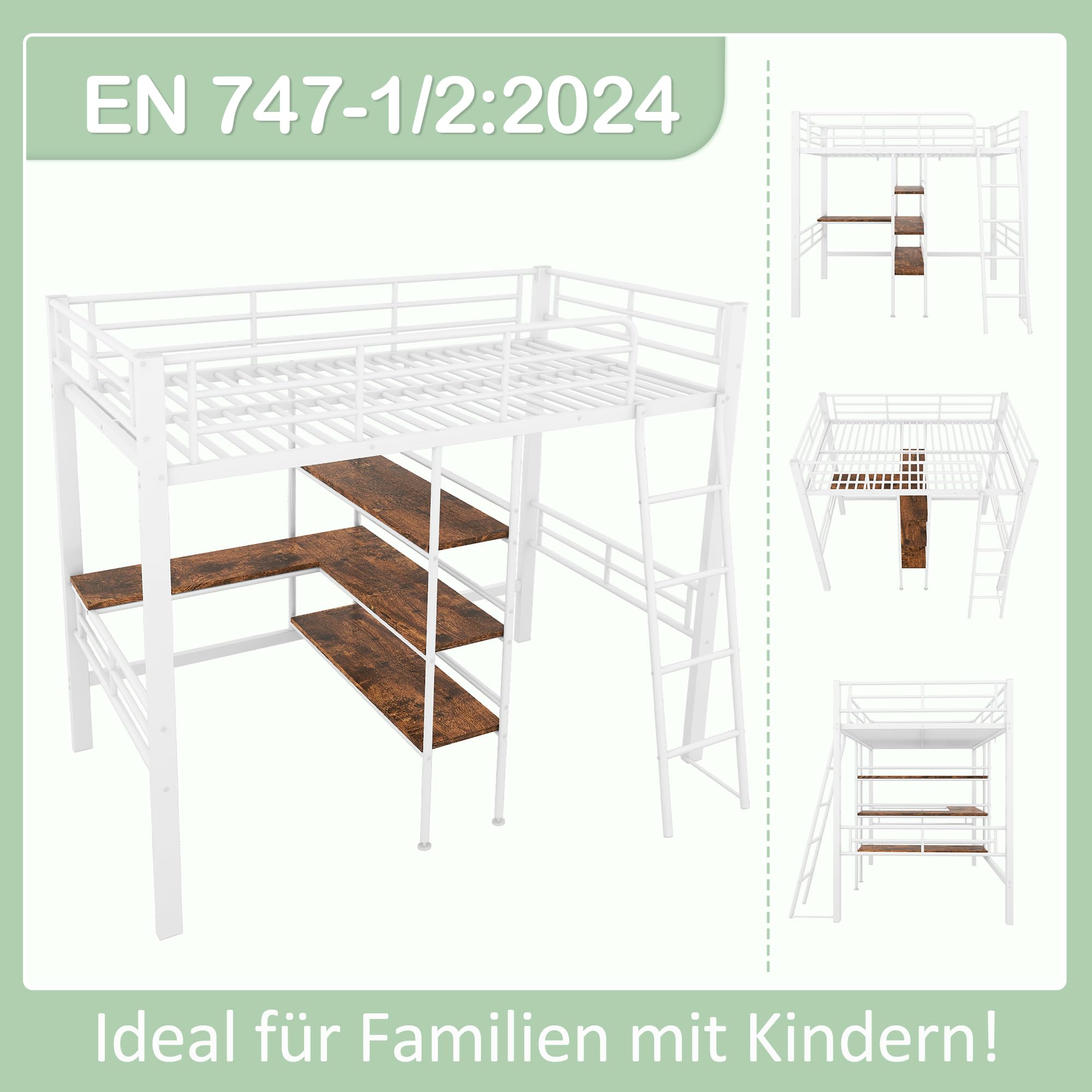 Azkoeesy Letto a soppalco 90 x 200 cm, con scrivania e ripiani portaoggetti, scale inclinate, letto singolo in metallo, con ringhiera, per adolescenti e adulti, bianco