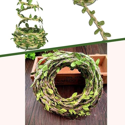 Miniatura 4 de Amlrt 2 paquetes de hilo de yute natural, 0.197in de cinta de hojas de arpillera artificiales, hojas verdes de la vid para la boda del hogar,
