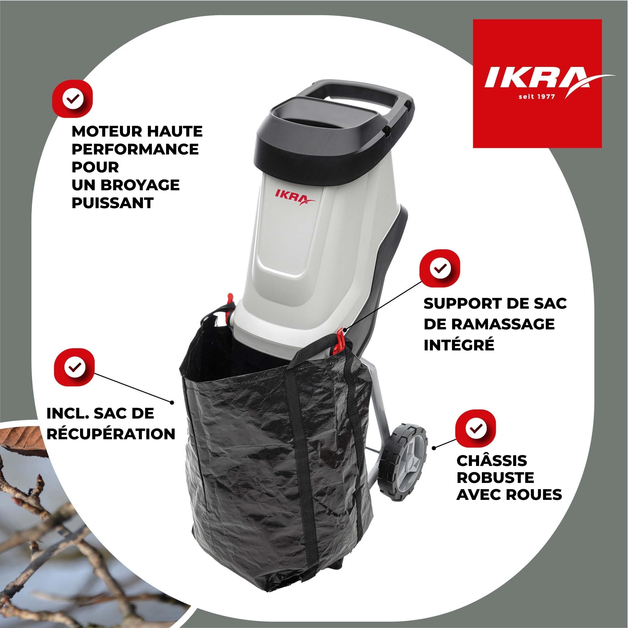IKRA broyeur électrique IMH 2800, avec sac 45 l et lame de rechange | Moteur haute performance, 2800W, lames réversibles durables, idéal pour la production de paillis, diamètre des branches 45 mm