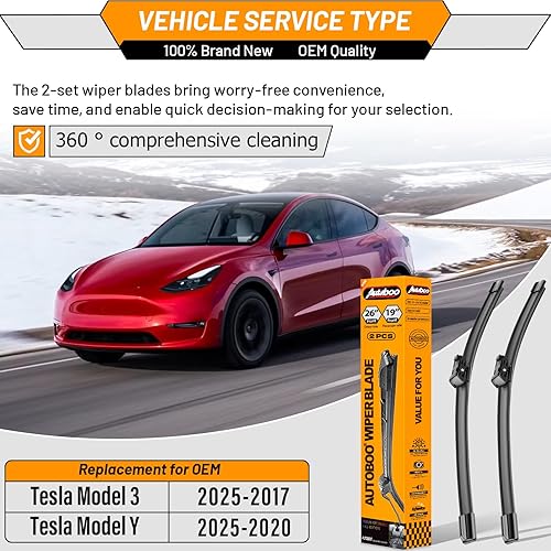 Miniatura 2 de AUTOBOO Repuesto de limpiaparabrisas de 26" + 19" para Tesla Model 3 2017 2018 2019 2020 2021 2022 2023 2024 2025 Model Y 2020 2021 2022 2023-2025