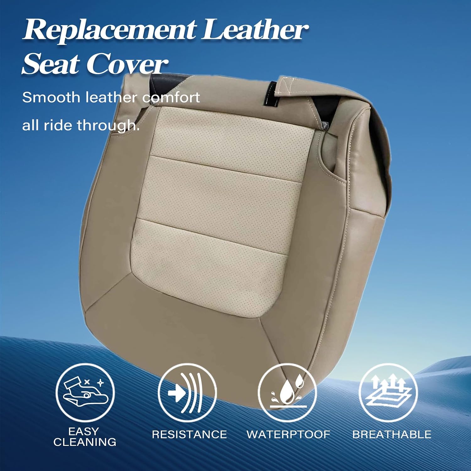 GXARTS Passenger Side Bottom Replacement Perforated Leather Seat Cover TAN #1H Compatible with Ford Expedition 2003 2004 2005 2006 Eddie Bauer 4x4, 2wd, 4.6L, 5.4L