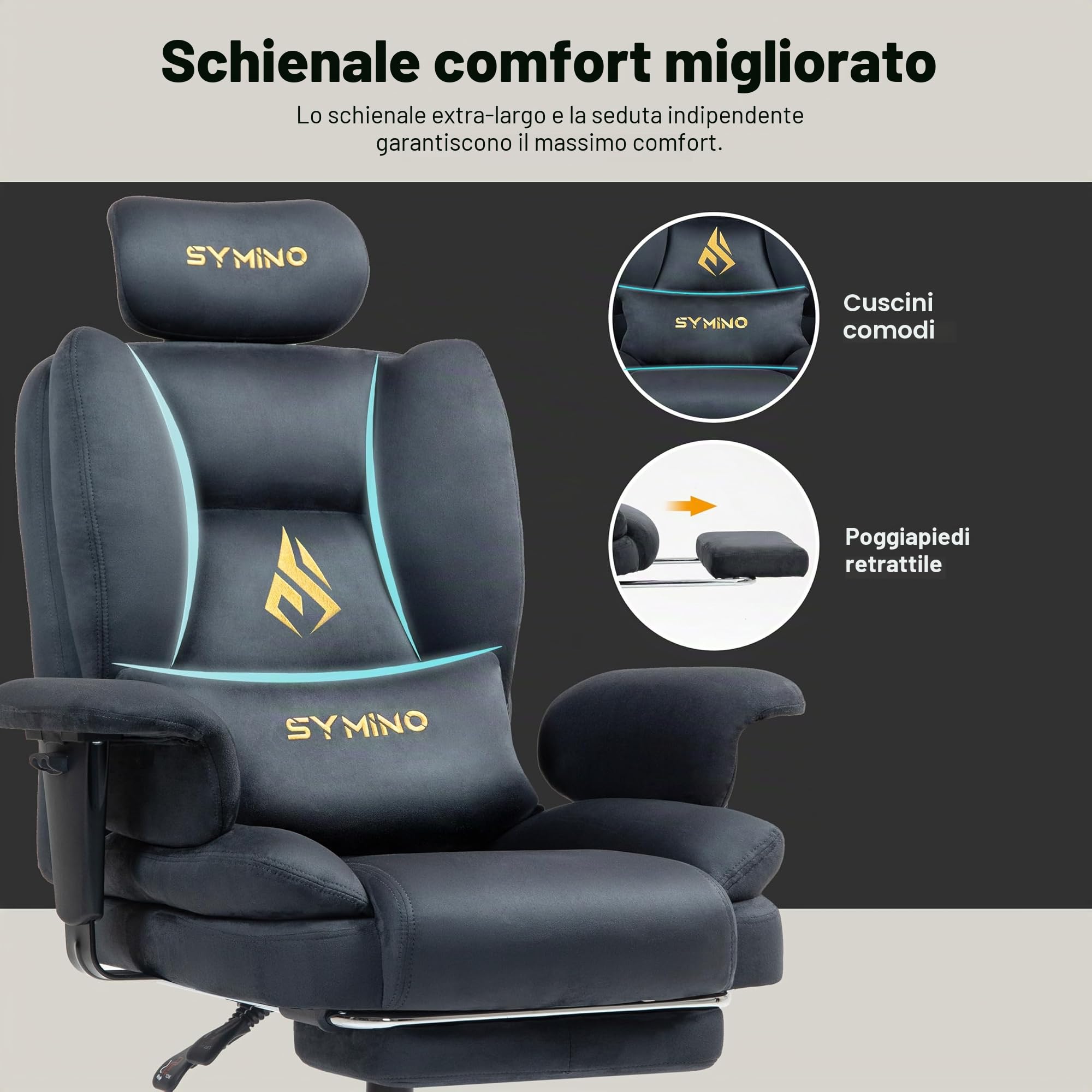 Symino Sedia Gaming con Poggiapiedi, Reclinabile 150°, Braccioli Regolabili in Altezza, Rivestimento in Microfibra Traspirante, Portata 150 kg