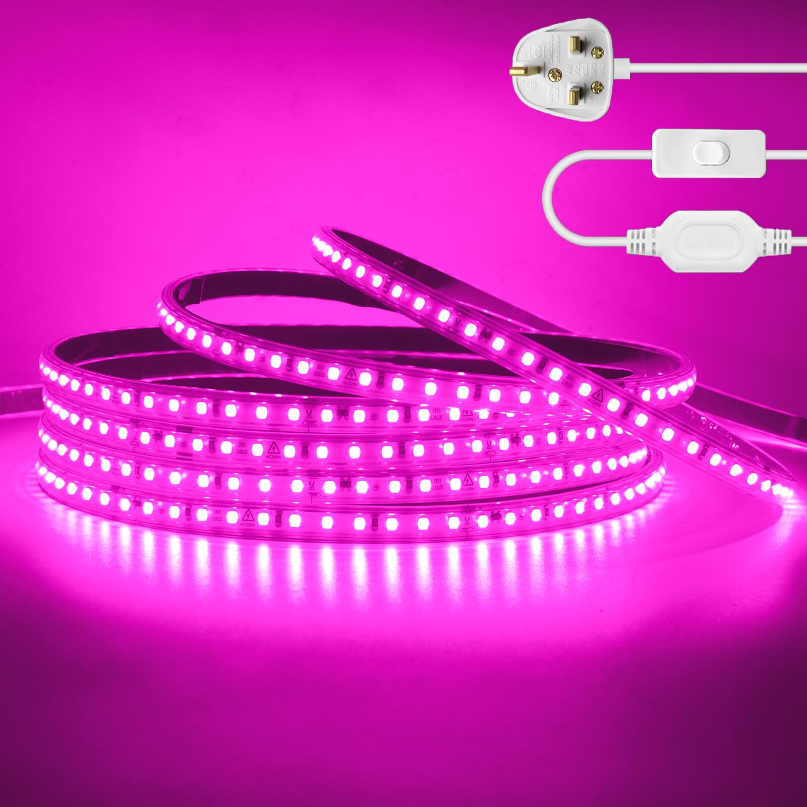 KAFULA 220V LED Strip Light with On/Off [31M,Pink],IP65 Waterproof Flexible SMD2835 LED Fairy Lights CRI85+,Every 10cm can be Cut,Bedroom Kitchen Corridor Decoration