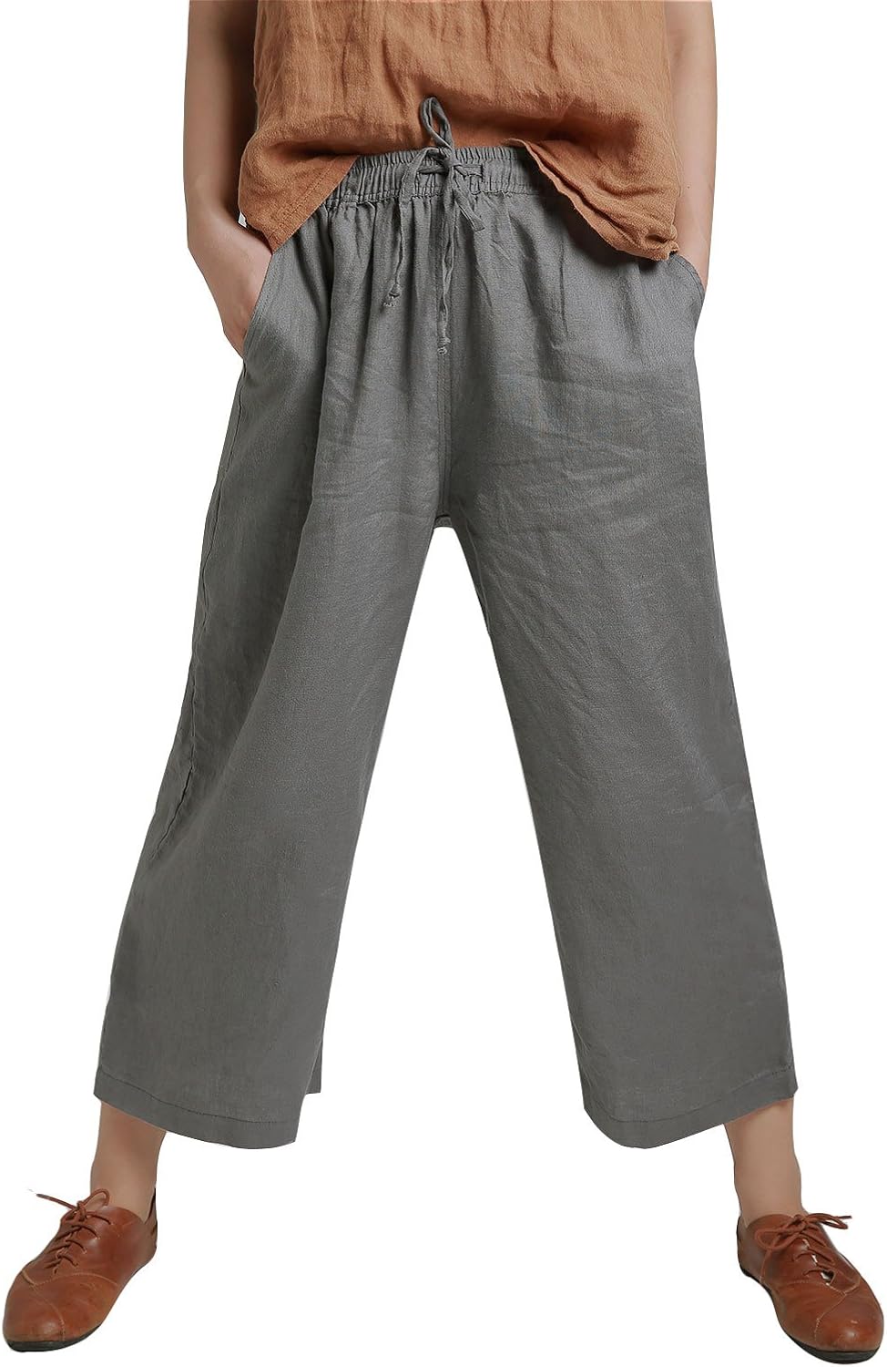ECUPPER Womens Linen Cropped Pants Loose Casual Capri Cotton Wide Leg Plus Size Elastic Waist with Drawstring Trouses - Image 2