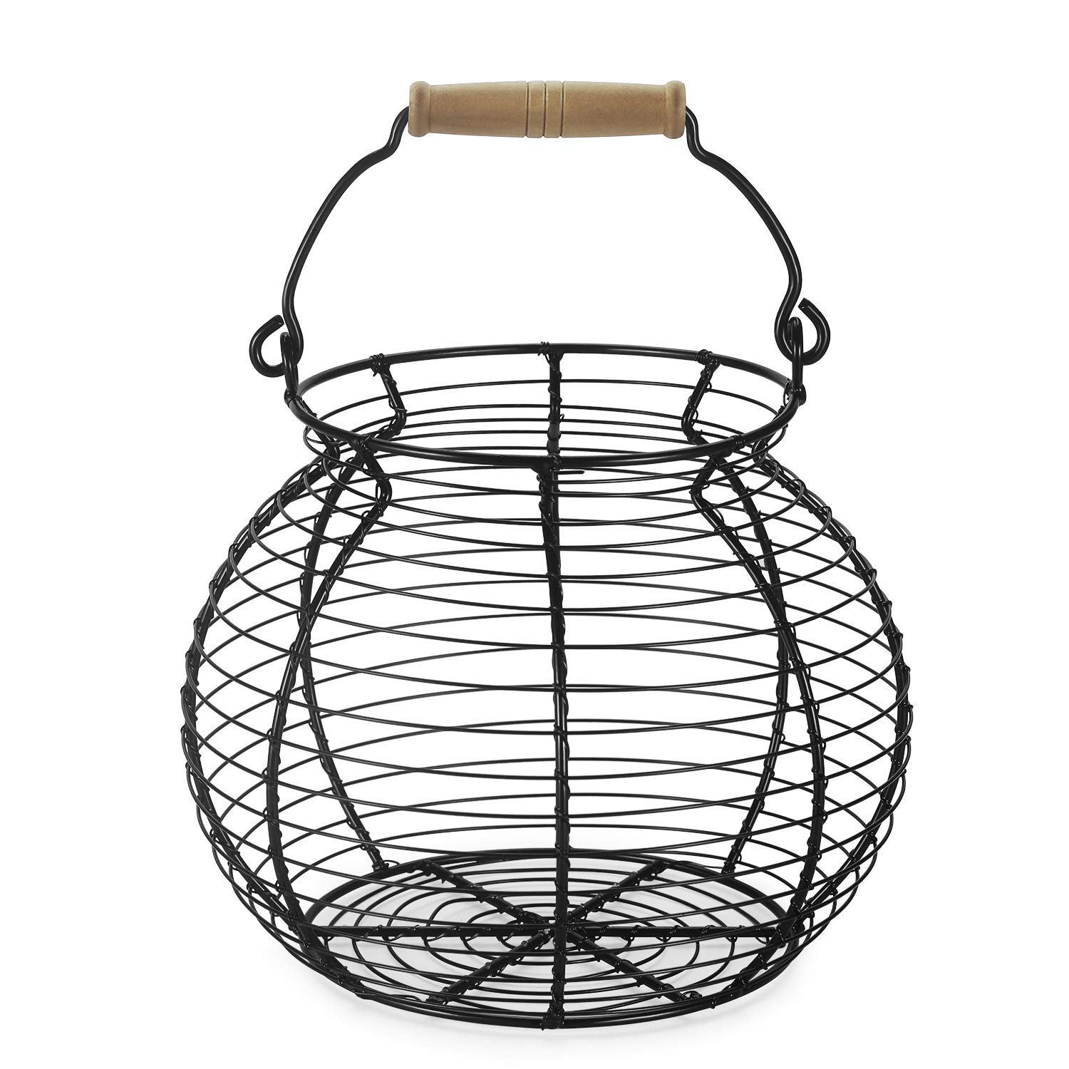 Flexzion Chicken Egg Basket Wire Egg Holder with Wooden Handles for Egg, Fruits, Vegetables Storage, Display Metal Mesh, Basket Holder Countertop for Farmhouse Rustic Kitchen Counter Organizer, Black