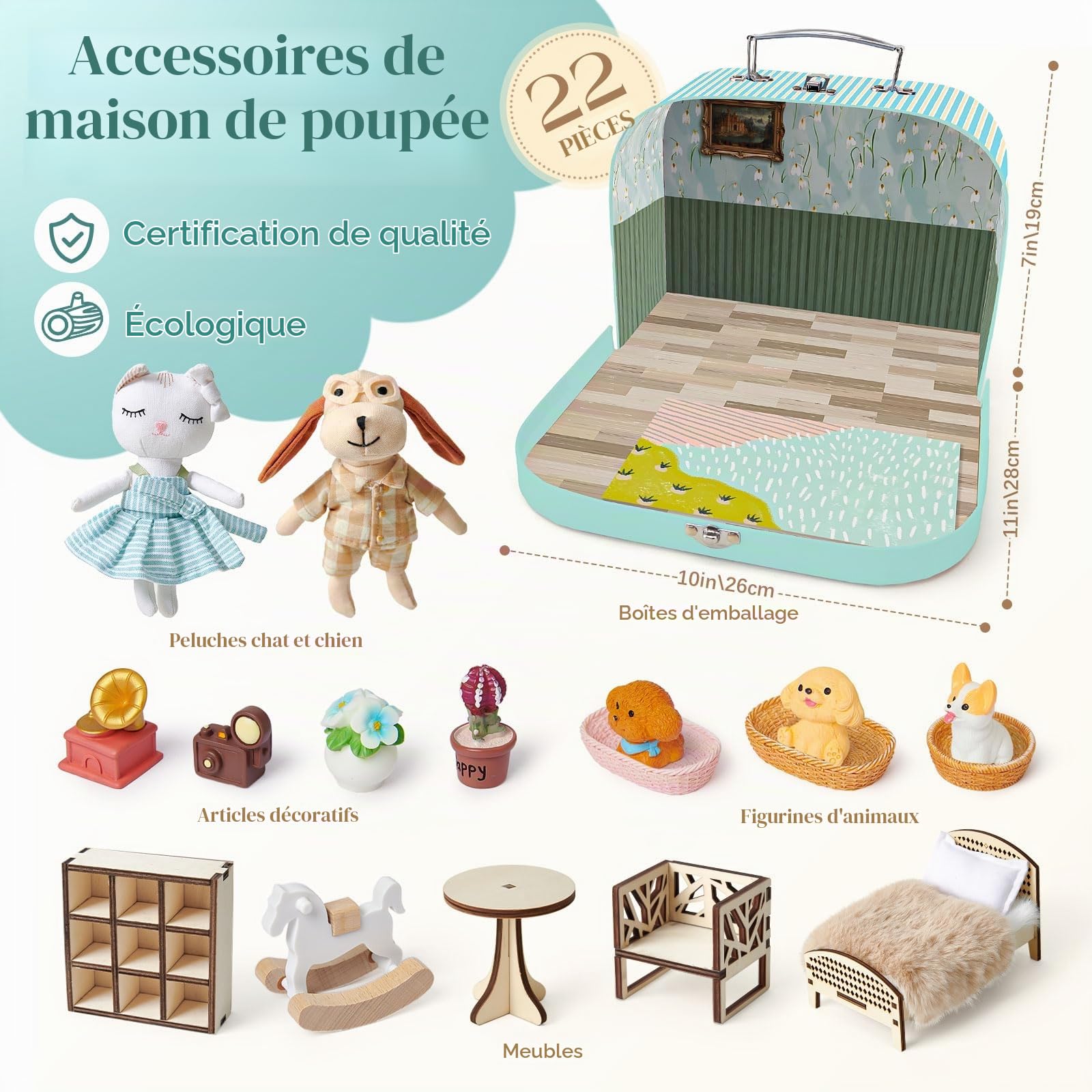 Maison de Poupée Valise Portable avec Accessoires, Mini Maison DIY avec Chat et Chien en Peluche, Meubles en Bois, Jeu d’Imitation, Idée Cadeau Anniversaire Noël pour Enfants Fille Garçon dès 3 Ans
