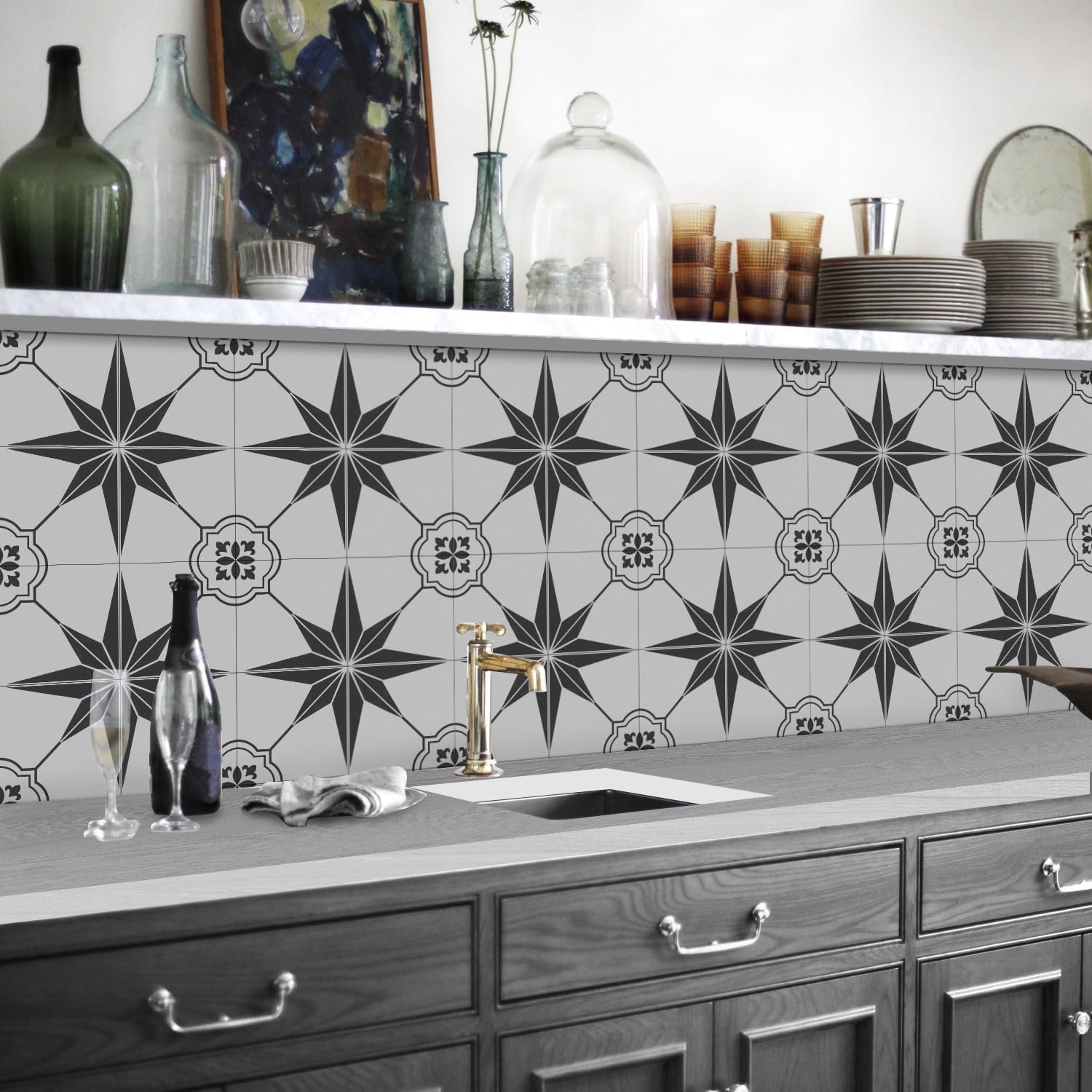 Tile Stickers Grey Star Bathroom PVC Stick on Tiles Self Adhesive Durable Kitchen Wall Peel and Floor 20x20cm/20 pcs