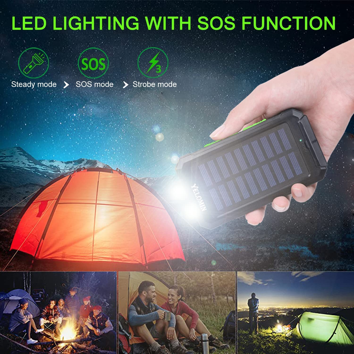 YELOMIN Portable Solar Charger, 20000mAh Waterproof Solar Power Bank for Cellphones Tablets, External Backup Pack Battery Dual USB Outputs/LED Flashlights, Suitable for Outdoor Camping