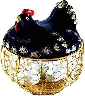 Panier de rangement d'oeufs en fil métallique avec poignées supérieures de poulet en céramique, panier de rangement de cuisine, pour la collecte de stockage de décoration intérieure de salon cuisine