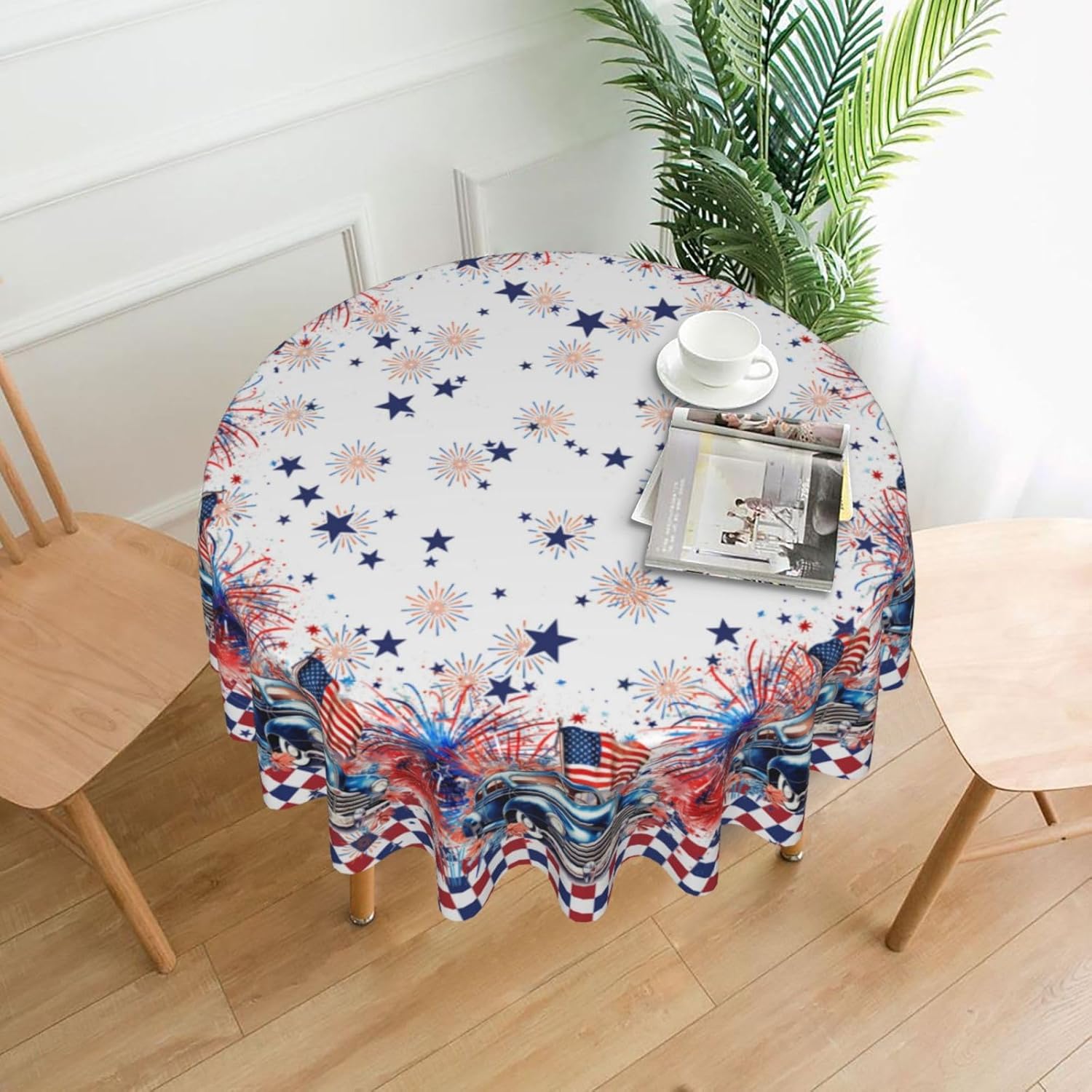 Memorial Day 4th of July Tablecloth Round 70 inch Patriotic American Flag Truck Star Table Cover Independence Day Tablecloths Decorative for Holiday Party Dining Room Kitchen Indoor Outdoor Home Decor