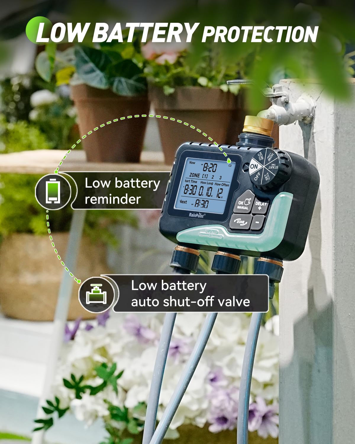 RAINPOINT Timer dell'acqua a 3 zone con ingresso e uscita in ottone, 3 piani di irrigazione personalizzati, con impermeabilità IP65, ritardo pioggia, irrigazione manuale e automatica con ampio LCD per