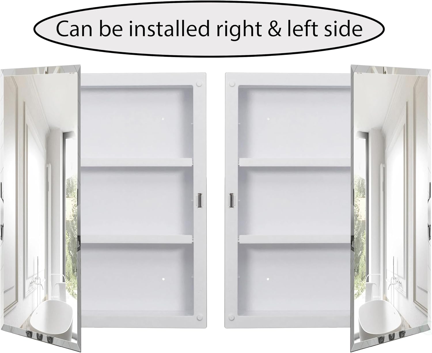 Basicwise Single Door Multi-Purpose Plastic Bathroom Medicine Cabinet with Mirror, Surface or Recessed Mount, Vanity Cabinet with 2 Plastic Adjustable Shelves, White