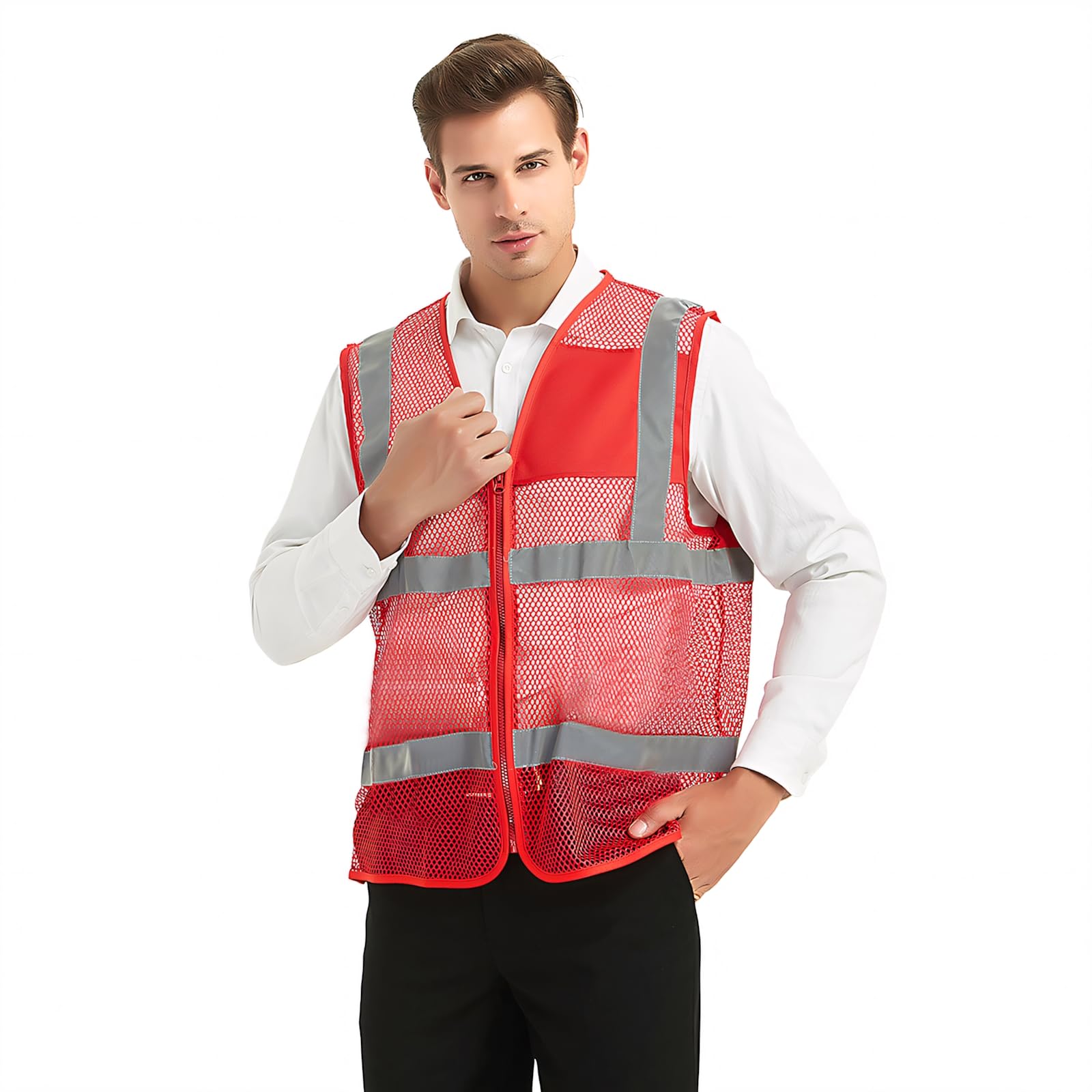 TOPTIE Paquete de 5 chalecos de seguridad transpirables frontales con cremallera de alta visibilidad unisex al por mayor, chaleco de actividad de voluntariado de malla