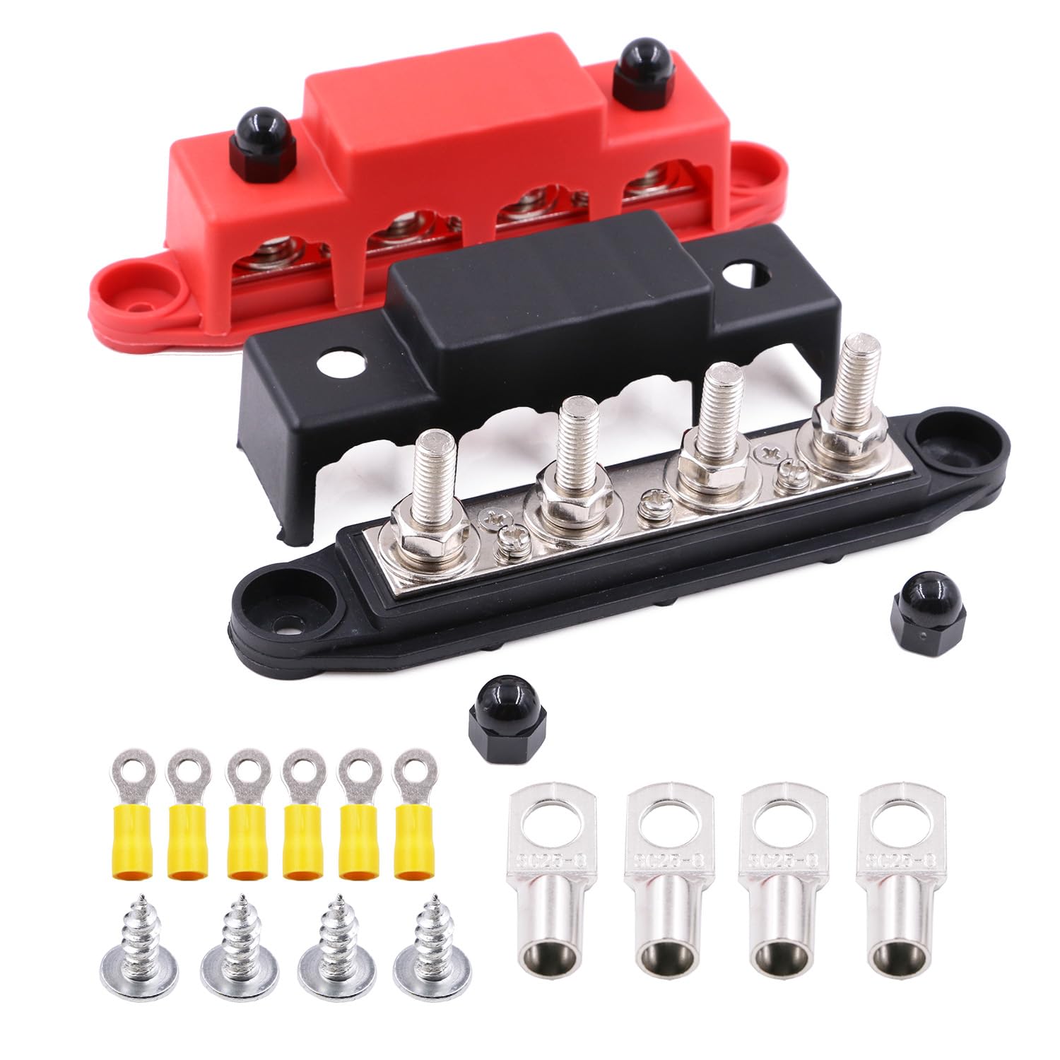 Gloaso 250 Amp Power Distribution Block Bus Bar 4 x 5/16" Studs, 3X #8 Screws Terminals Blocks, Extra 4X 5/16" Copper Lugs, Battery Busbar 12V - 48V DC 250A for Car Trucks Solar Wiring, 2 Pack