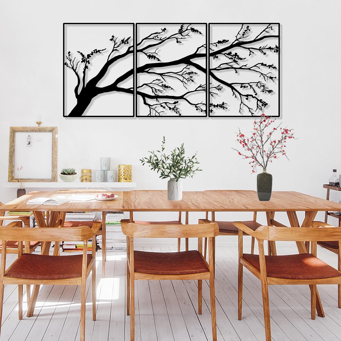 Gran rama de metal de decoración de la pared,Árbol de metal de pared de arte de 3 piezas Set,Árbol de pared de arte de decoración para el hogar, jardín, sala de estar decoraciones (53.2x23.6inch)