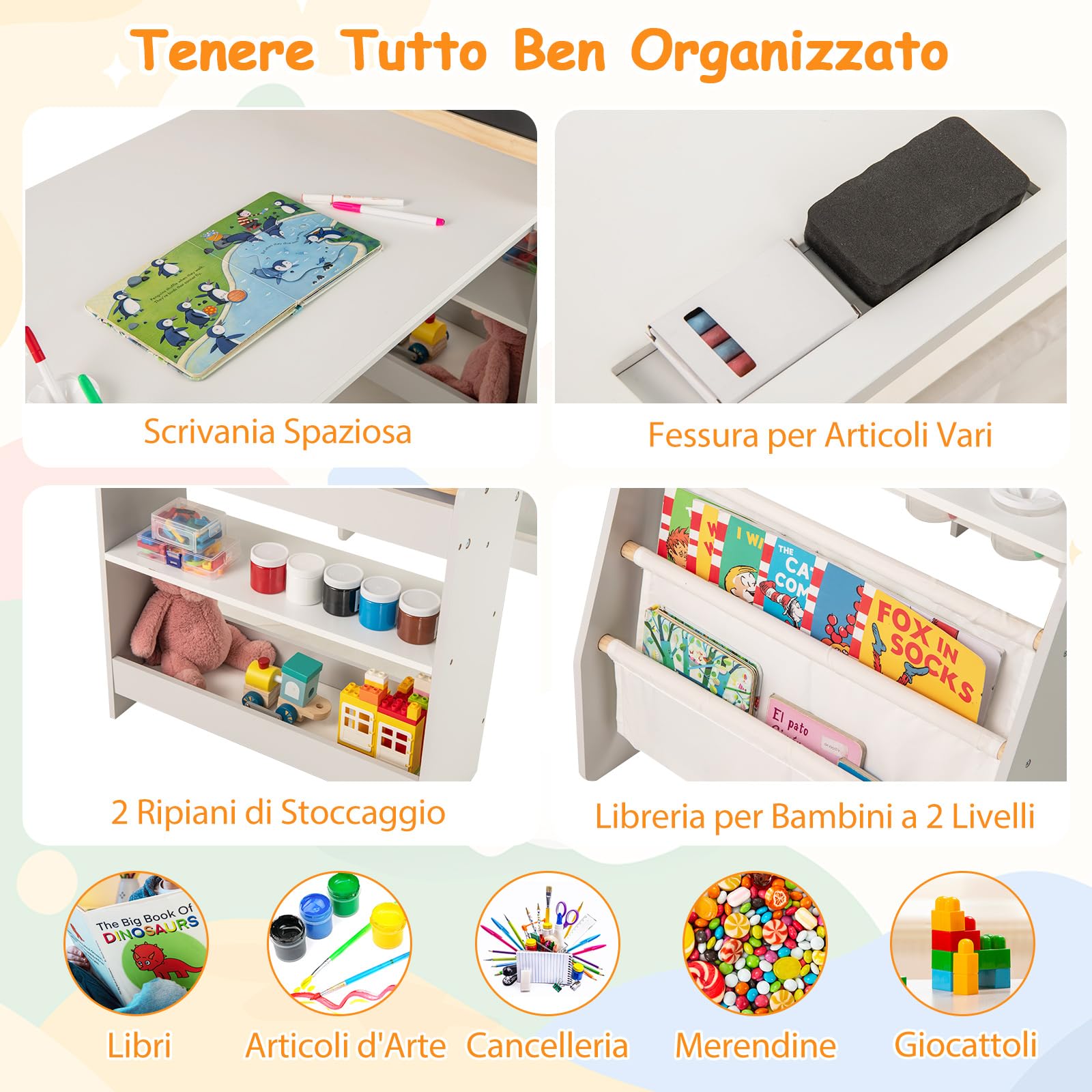 COSTWAY Set 3 in 1 Tavolo e Sedia per Bambini 3+ Anni, Tavolo in Legno Sicuro con Lavagna, Sedia, Lavagna Bianca, Rotolo di Carta, 2 Ripiani Aperti e Libreria a 2 Ripiani, Ideale per Disegno (Grigio)