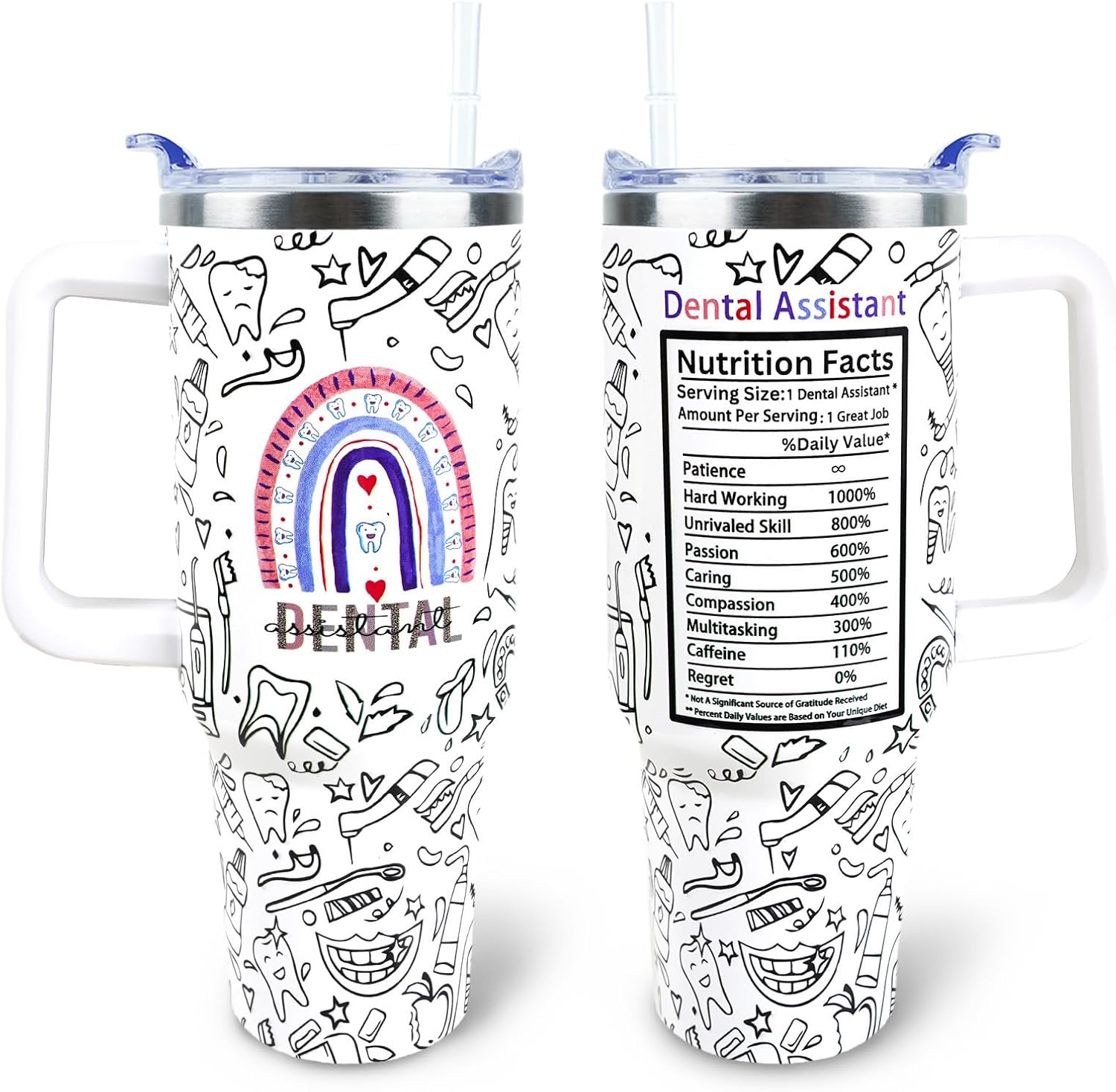 Dental Assistant Tumbler 40 oz Tumbler with Handle and Straw Lid Leak Proof - Birthday Gifts for Women Travel Coffee Mug Insulated for Hot Cold Ice - Dental Assistant Gifts for Women Mom Mothers Day