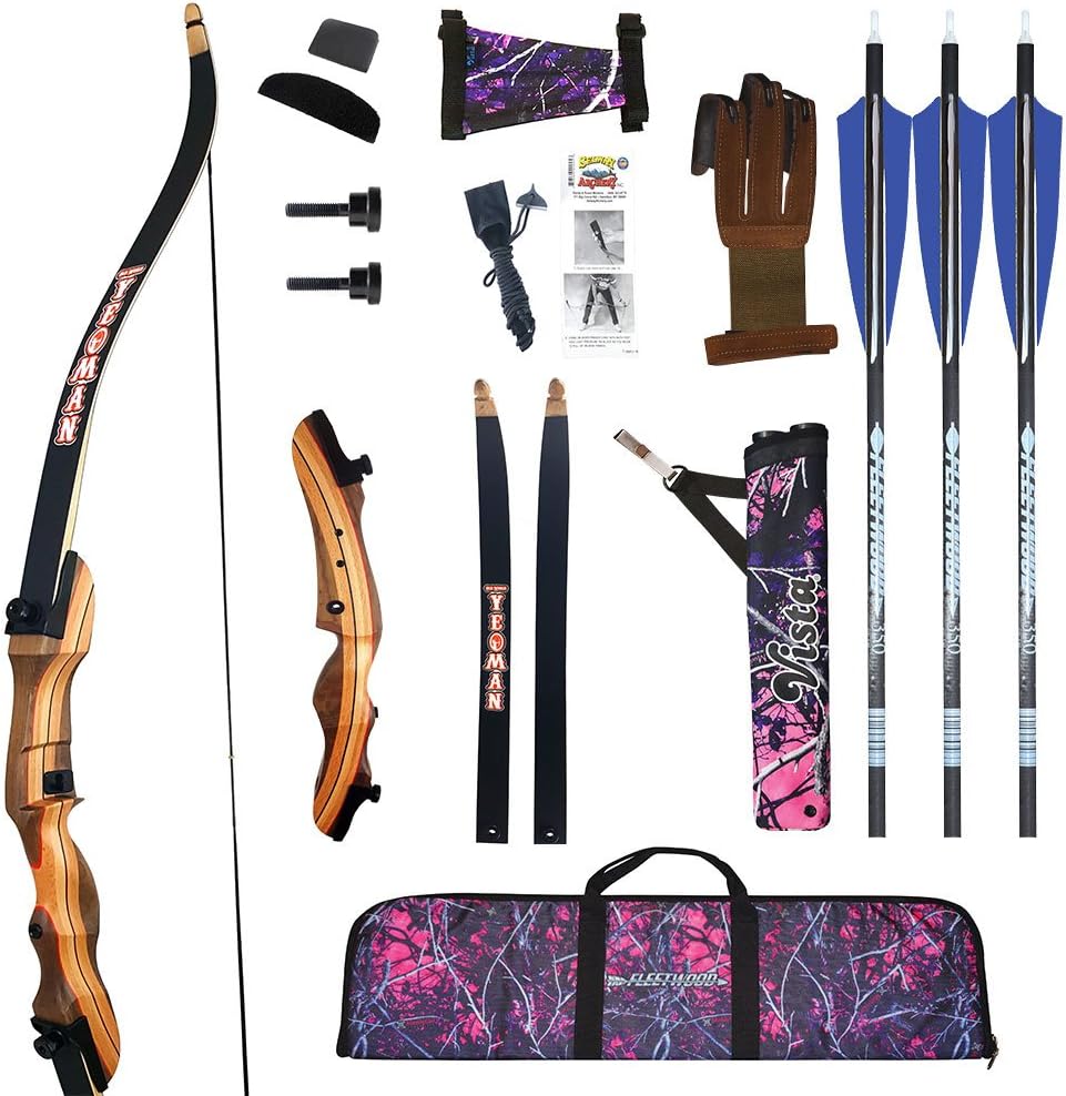 Old World Yeoman Elite 62" Takedown Recurve Bow Kit MUDDY GIRL PINK | Recurve bow package includes arrows, case, quiver, glove, arm guard, stringer, & rest! | 15 - 55 lbs | Right / Left handed