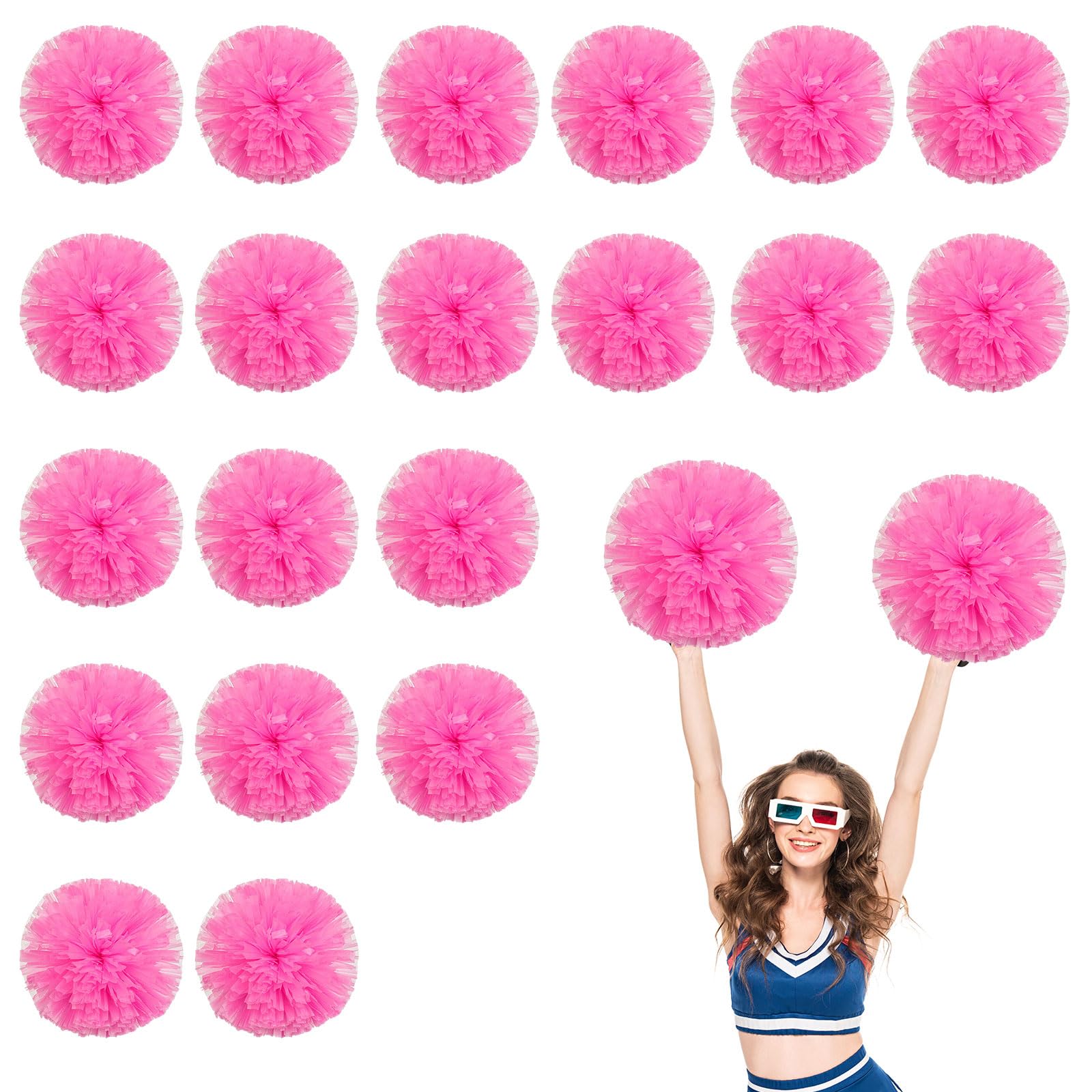 Lot de 20 pompons de 35cm, pour entraînement sportif, danse, équipe, avec anneaux. (Couleur rose)