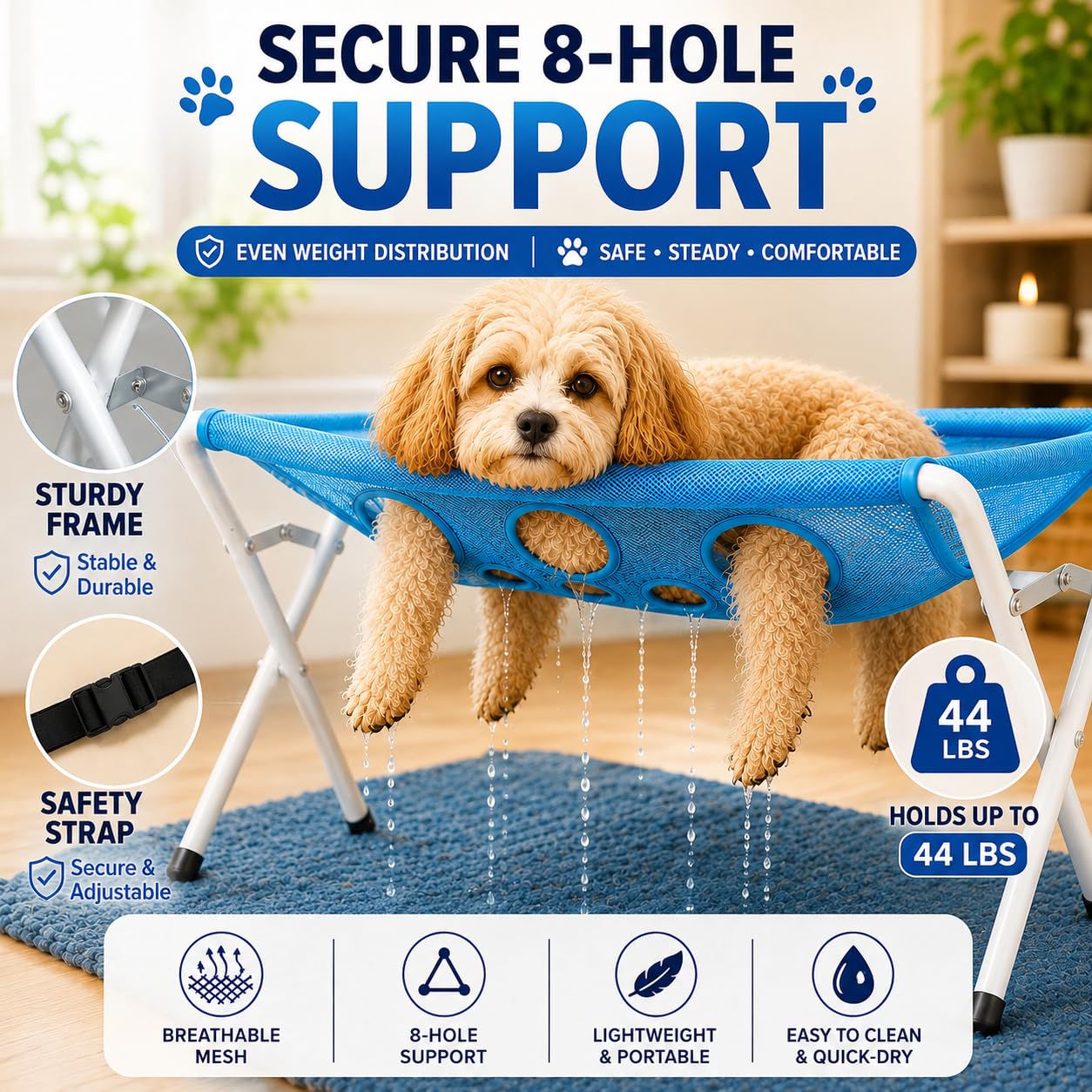 Amaca per Toelettatura Cani con Supporto, 8 Fori, Rimovibile (Grigio)