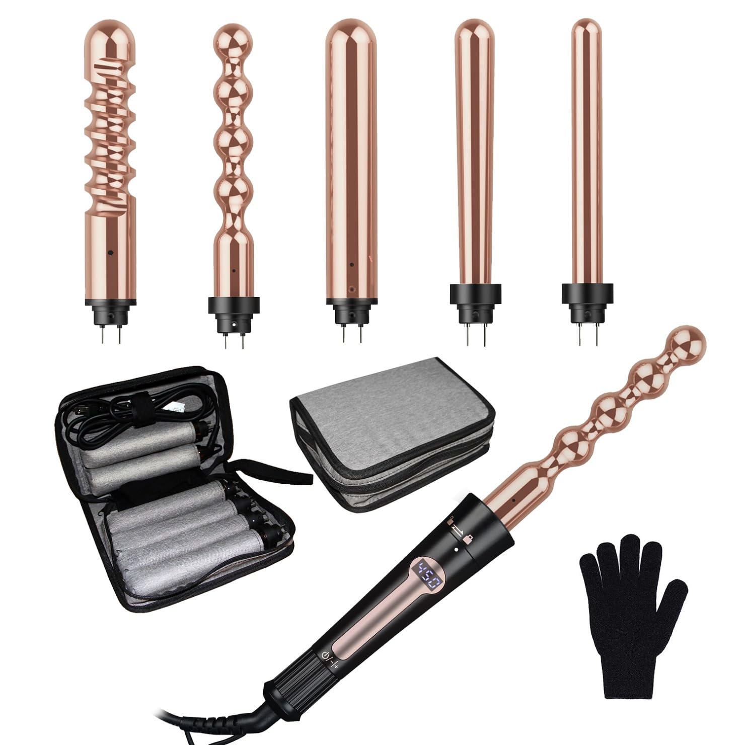 5 in 1 Curling Iron Set, 24K Rose Gold Hair Curlers with Interchangeable Ceramic Barrels, Hair Crimper, Wand Curling Iron &amp; Waver for Long &amp; Short, Fast Heat &amp; Protective Gloves