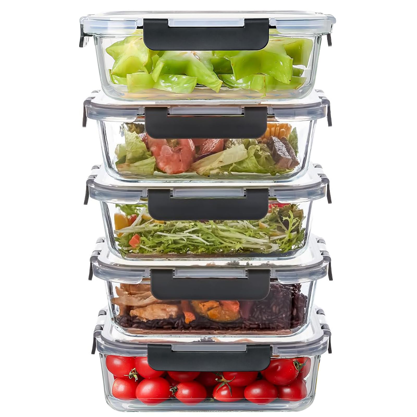 HZXYchen 5-Pack 36OZ Glass Food Storage Containers with Lids, Airtight Leakproof Meal Prep & Lunch Boxes, Freezer & Oven Safe (to 400°C), Snap Lock for Pantry Organization, Dishwasher Friendly(Black)