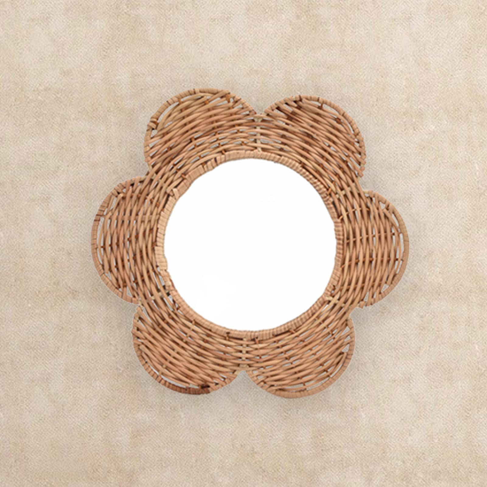 BORDSTRACT Miroir Mural Rond Suspendu, Miroir Mural en Rotin Naturel, Décoration Murale Miroir Cosmétique Fleur en Osier pour Salon Chambre Salle de Bains (28,5 X 25,5 cm)