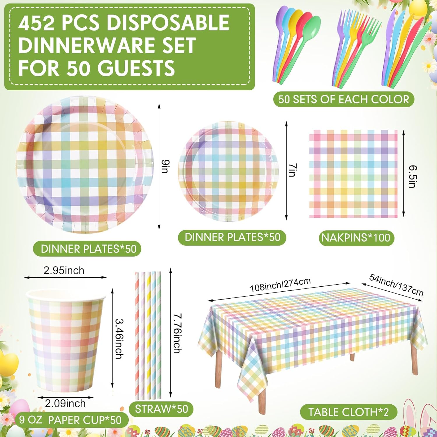 452 Pcs Pastel Easter Party Decoration for 50, Spring Easter Paper Plates Napkins Cups Tablecloth Cutlery Straws Rainbow Pastel Gingham Plaid Tableware for Spring Birthday Party Supplies