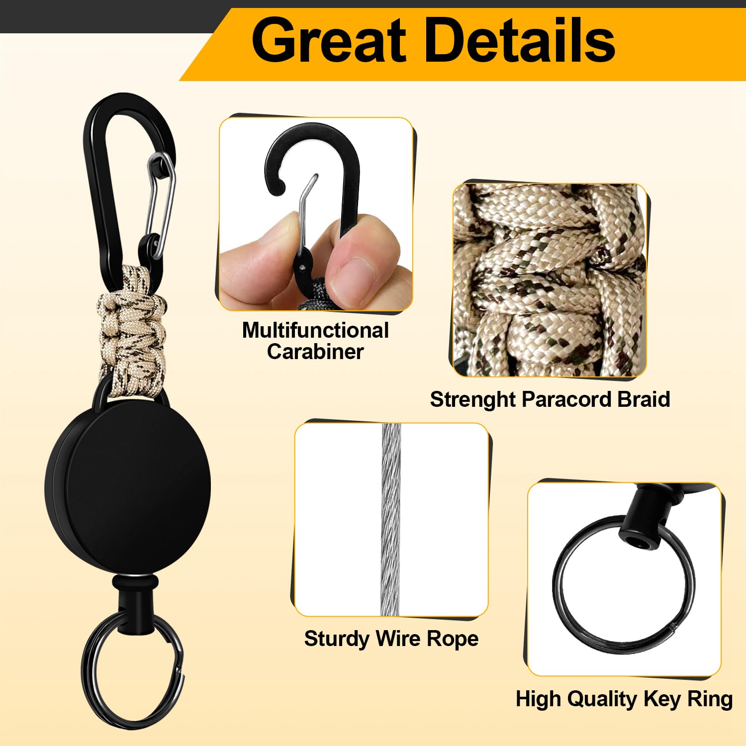 Llavero Retráctil 4 Piezas, Retractil Cable Acero 60 cm, Llavero de Mosquetón con Clip Paracord, Mosquetón de Carrete (Negro+Beige+Azul+Naranja)