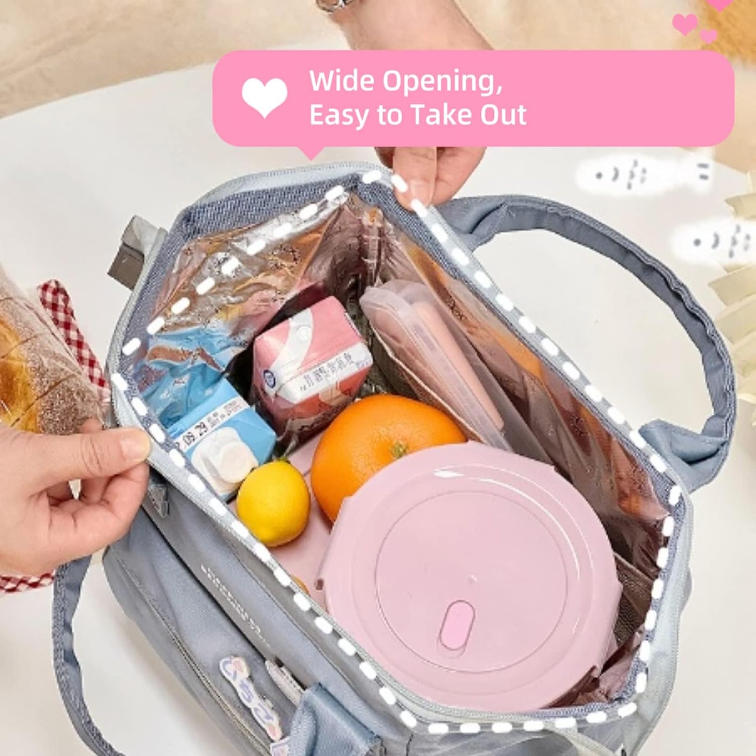 AONUOWE Kawaii Lunch Bag - Cute Aesthetic Insulated Tote Bag for Women & Girls (Pink, Small)