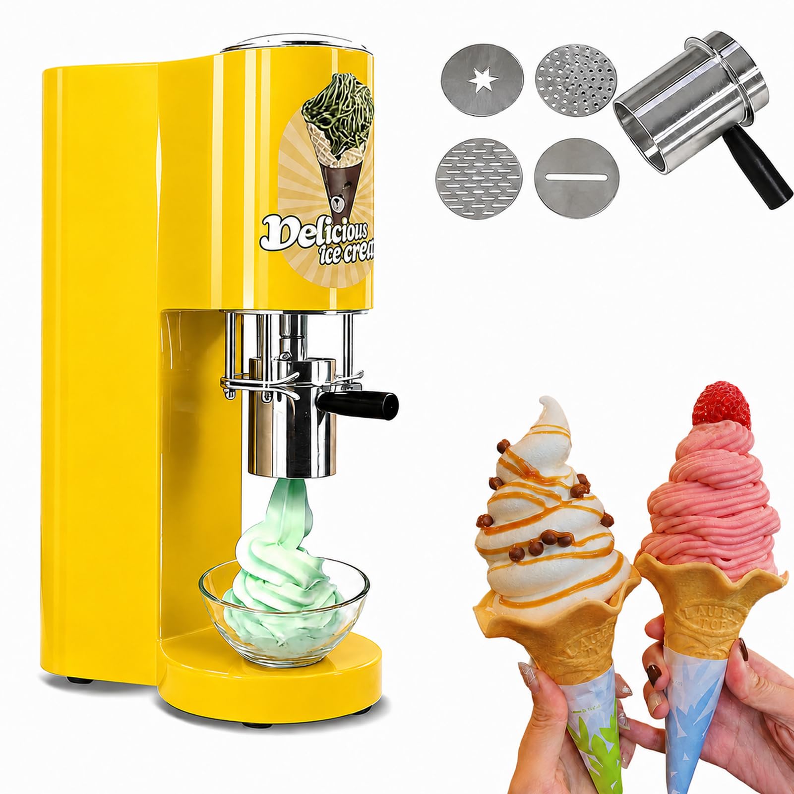 LYJIANGXIN Professional Ice Cream Noodle Extruder Machine, 80W Electric Spaghetti Ice Cream Maker with 4 Stainless Steel Molds, Commercial Dessert Equipment for Cafés & Restaurants