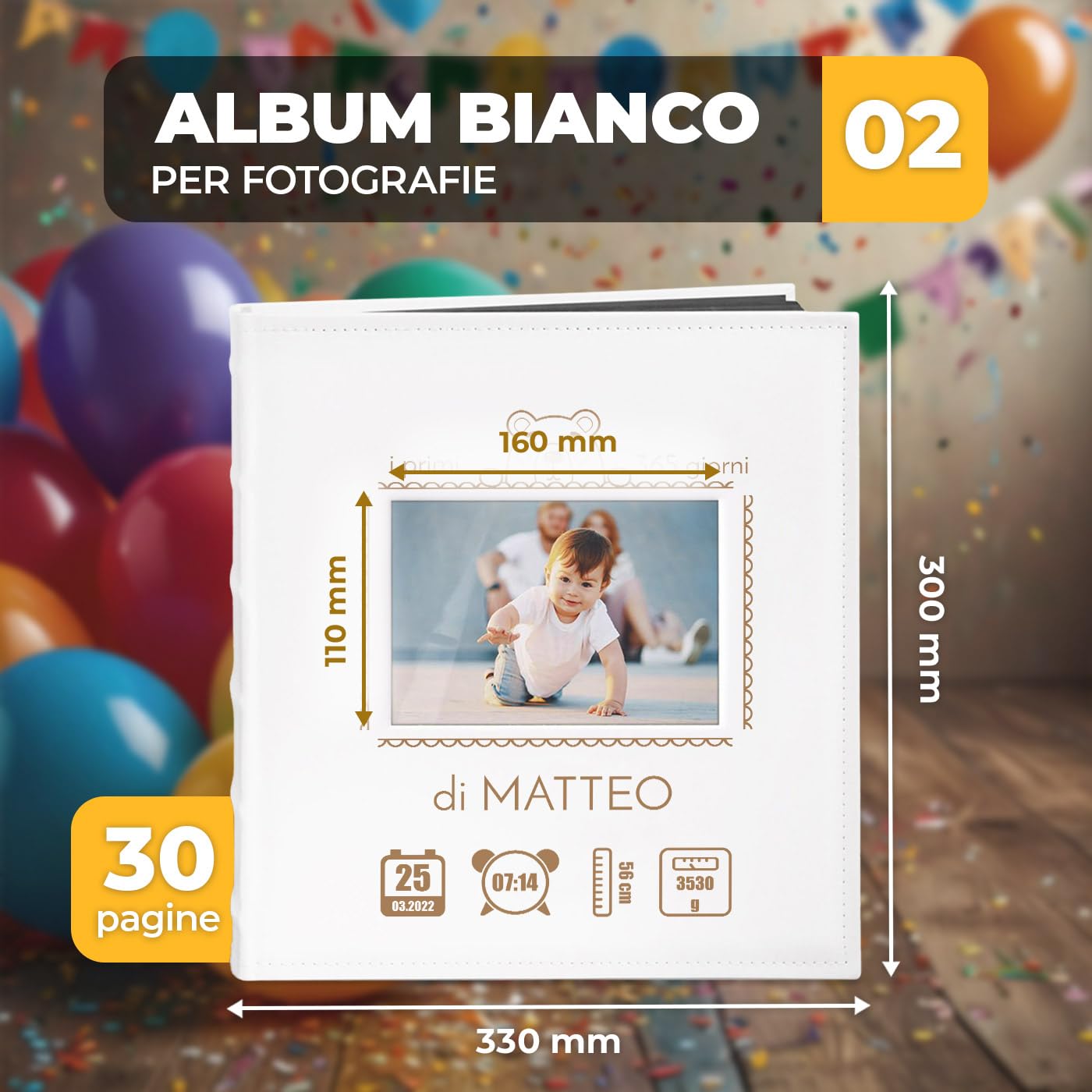 Maverton Album Foto, Copertina in Pelle Sintetica Bianca con Finestra | Personalizzazione con Stampa, 60 pagine nere, 240 foto 10x15 cm, idee regalo neonato, compleanno, Primi 365