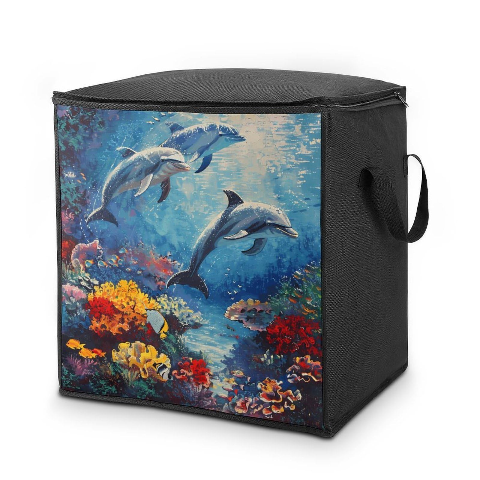 Seabed Coral Fish Dolphins Storage Bag with Zippers And Handle Extra Large Bedding Comforter Storage Bag Foldable Blanket Storage Bags Fabric Moving Bags for Closet Organizer (70L)