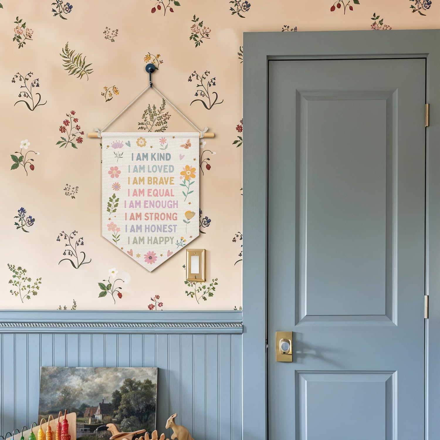 Wheatwin Positive Affirmations Wall Decor, Girl Nursery Decor, Pastel Floral Wall Hanging Pennant Flag Banner for Toddler Baby Girls Room Bedroom Dorm Playroom 15x11 Inch