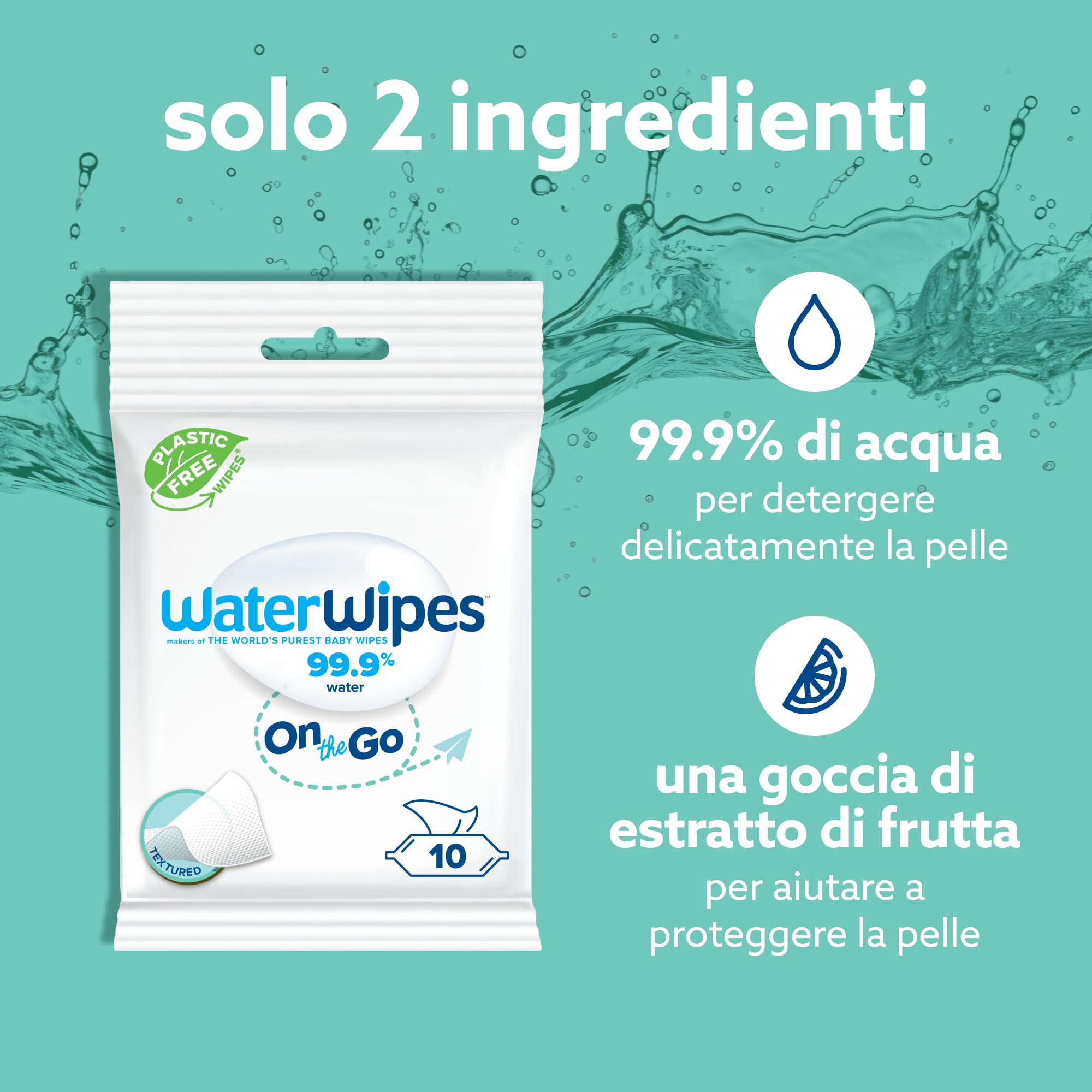 WaterWipes On The Go, 100 Salviette (10 Confezioni), Salviette Umidificate al 99.9% a base di Acqua, Ideali per Viaggi, Progettate per Viso e Corpo