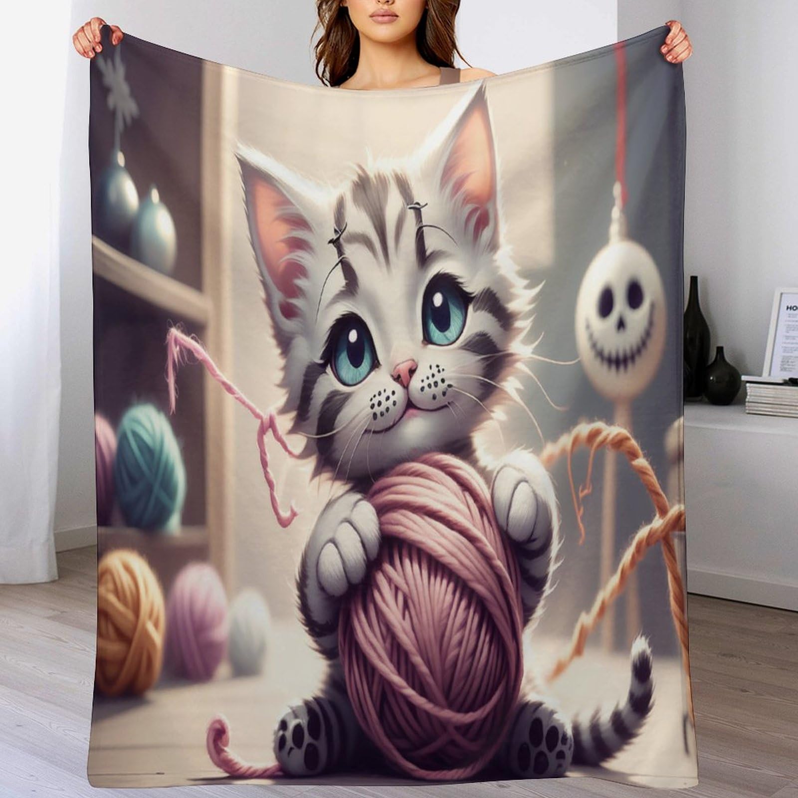 Couverture de canapé motif chat 3D plaid polaire pour soirées cocooning au salon