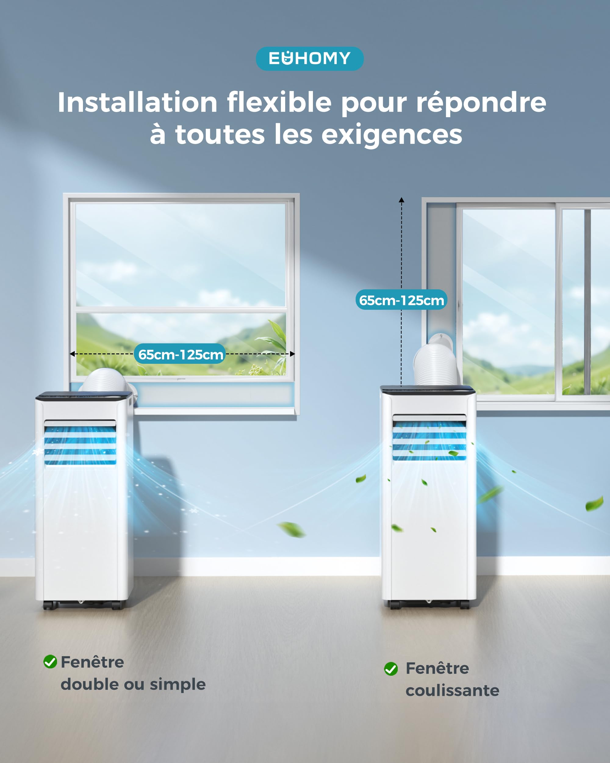 EUHOMY Climatiseur mobile 9000 BTU 2,6 kW (avec télécommande), climatiseur portable quatre en un, fonctionnement silencieux, écran LED, surface couverte 25 m², minuterie 24 heures