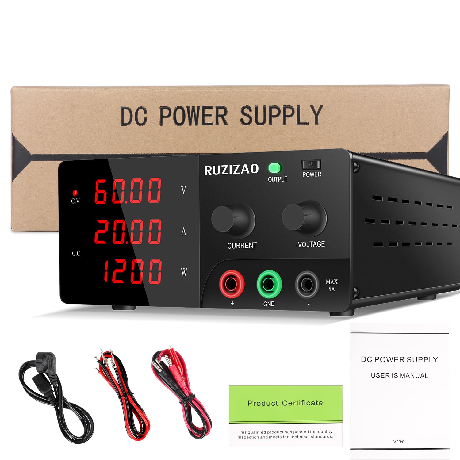 Alimentatore da Banco 60V 20A 1200W Alta Potenza Alimentatore da Laboratorio Regolabile con OUTPUT/Encoder, Professionale Alimentatore DC con Display a LED a 4 Cifre e Uscita Stabile