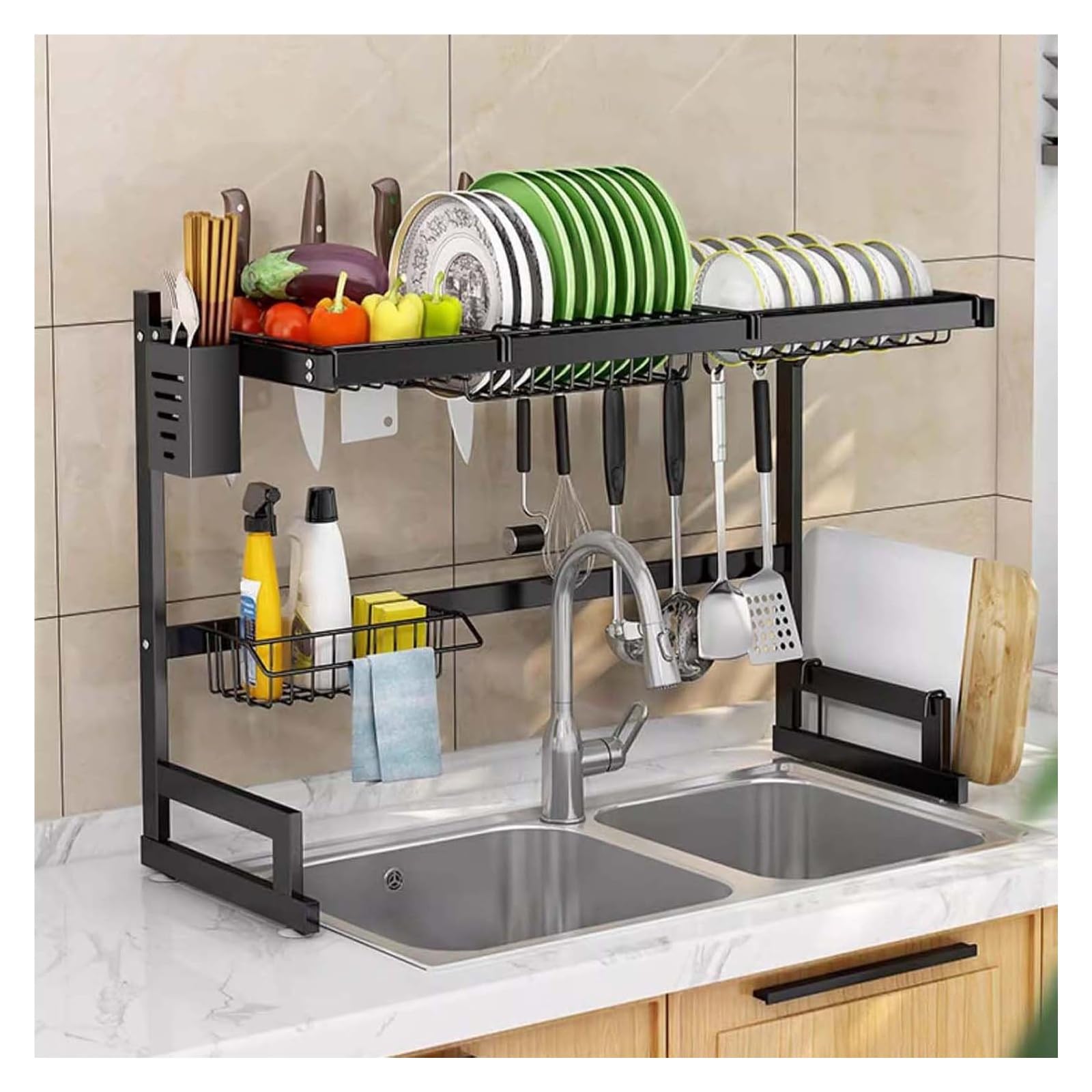 Égouttoir à vaisselle compact contre l'encombrement, organisateur noir de cuisine gain de place