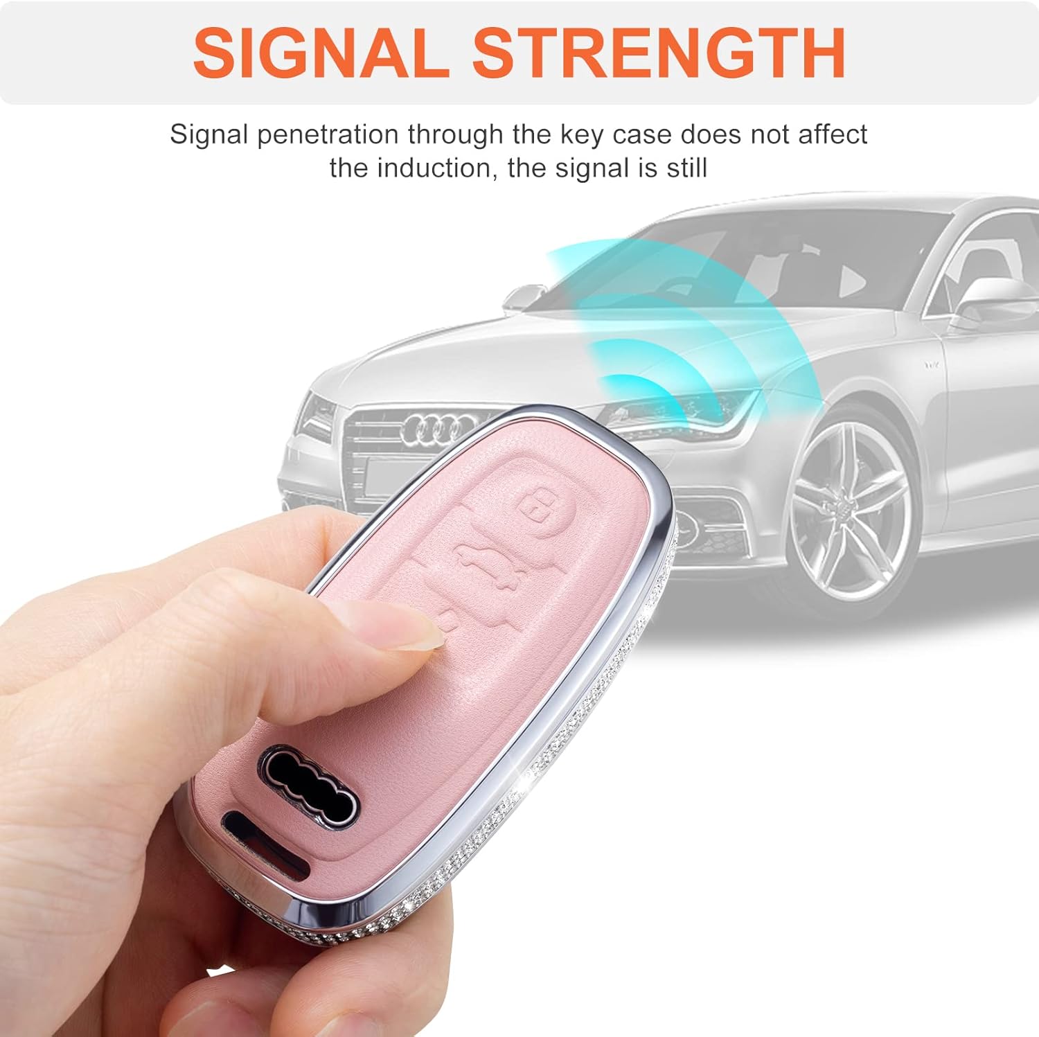 for Audi Key Fob Cover with Keychain, Genuine Leather Crystal Full Protection Key Case Shell Compatible with R8 Q5 Q7 S3 S4 S5 S6 S7 S8 SQ5 RS5 RS7 A4 A5 A6 A7 A8 Smart Key-Pink