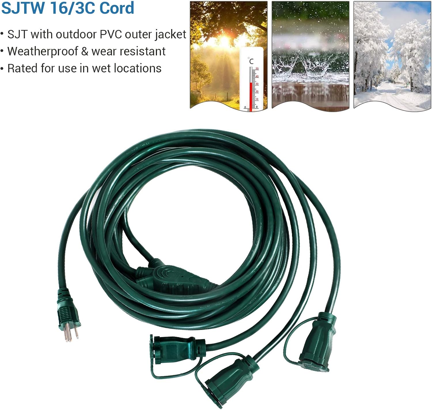 DEWENWILS Outdoor Extension Cord 1 to 3 Splitter, 3 Prong Outlets Plugs, Max 28ft End to End (40 FT Total),16/3C SJTW Weatherproof Wire for Christmas String Lights Other Appliances, ETL Listed - - 