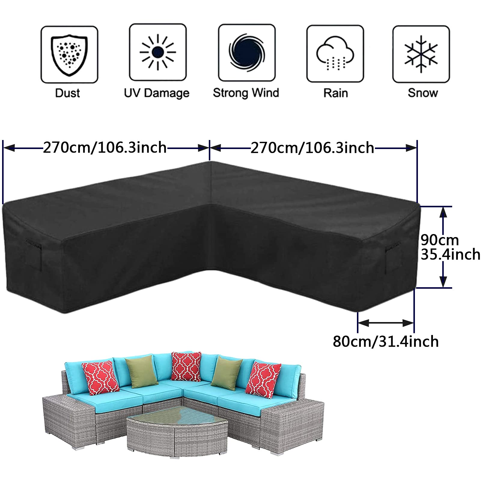 Copridivano Esterno,copertura mobili giardino, 210D Poliestere Copertura di Panca Impermeabile Copridivano a forma di L(270x270x90cm)