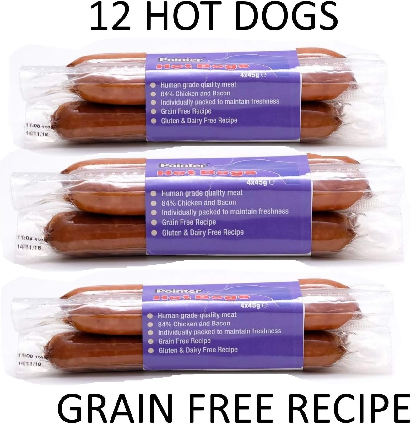 NEW* 3 X 4 PK DELICIOUS GRAIN GLUTEN FREE POINTER HOT DOGS DOG PUPPY MEATY TREAT