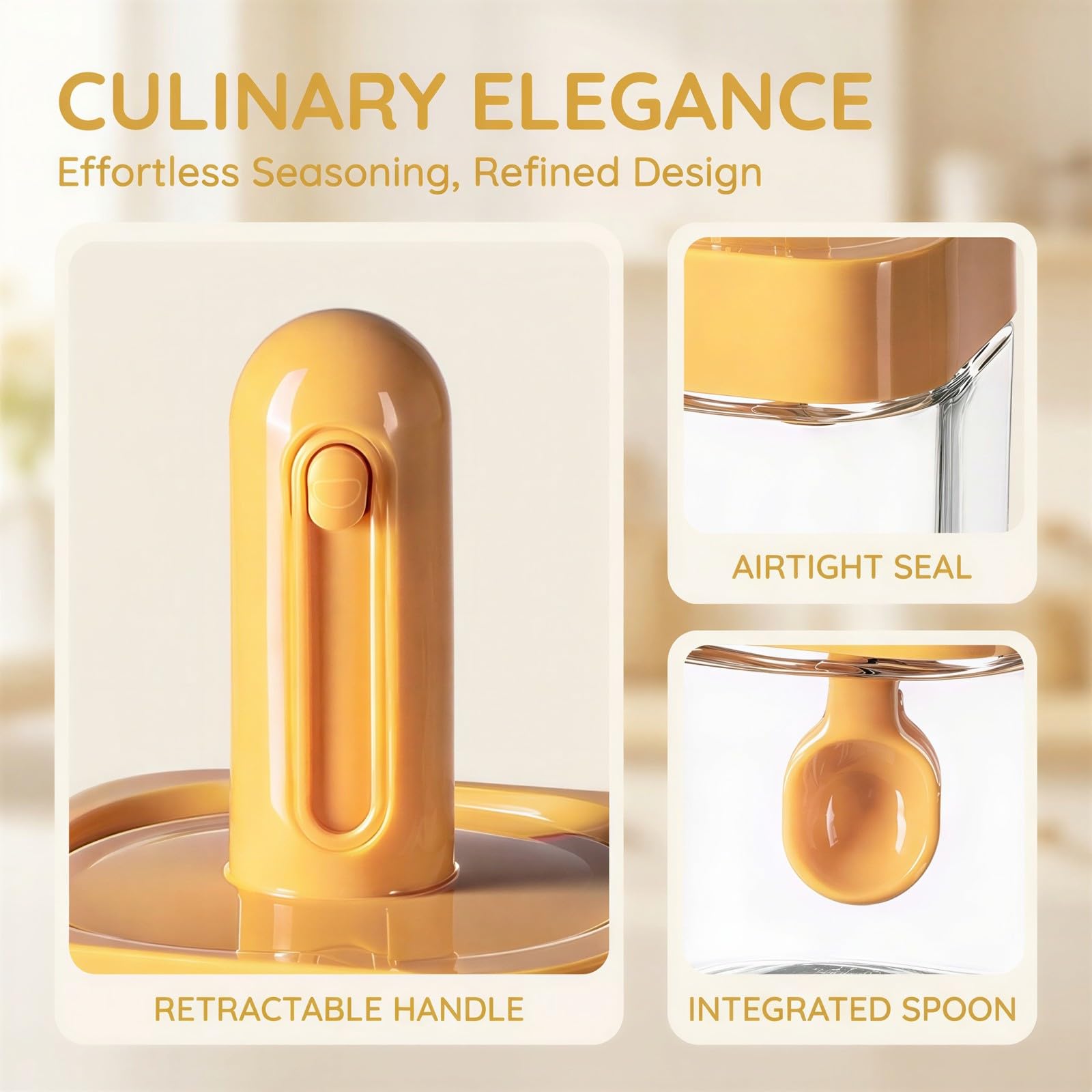3 pièces bouteille à épices en verre rétractable, pots à épices avec cuillère intégrée, organiseur de cuisine pour condiments, hauteur 14,8 cm, jaune, vert, gris, rangement pratique pour le plan de